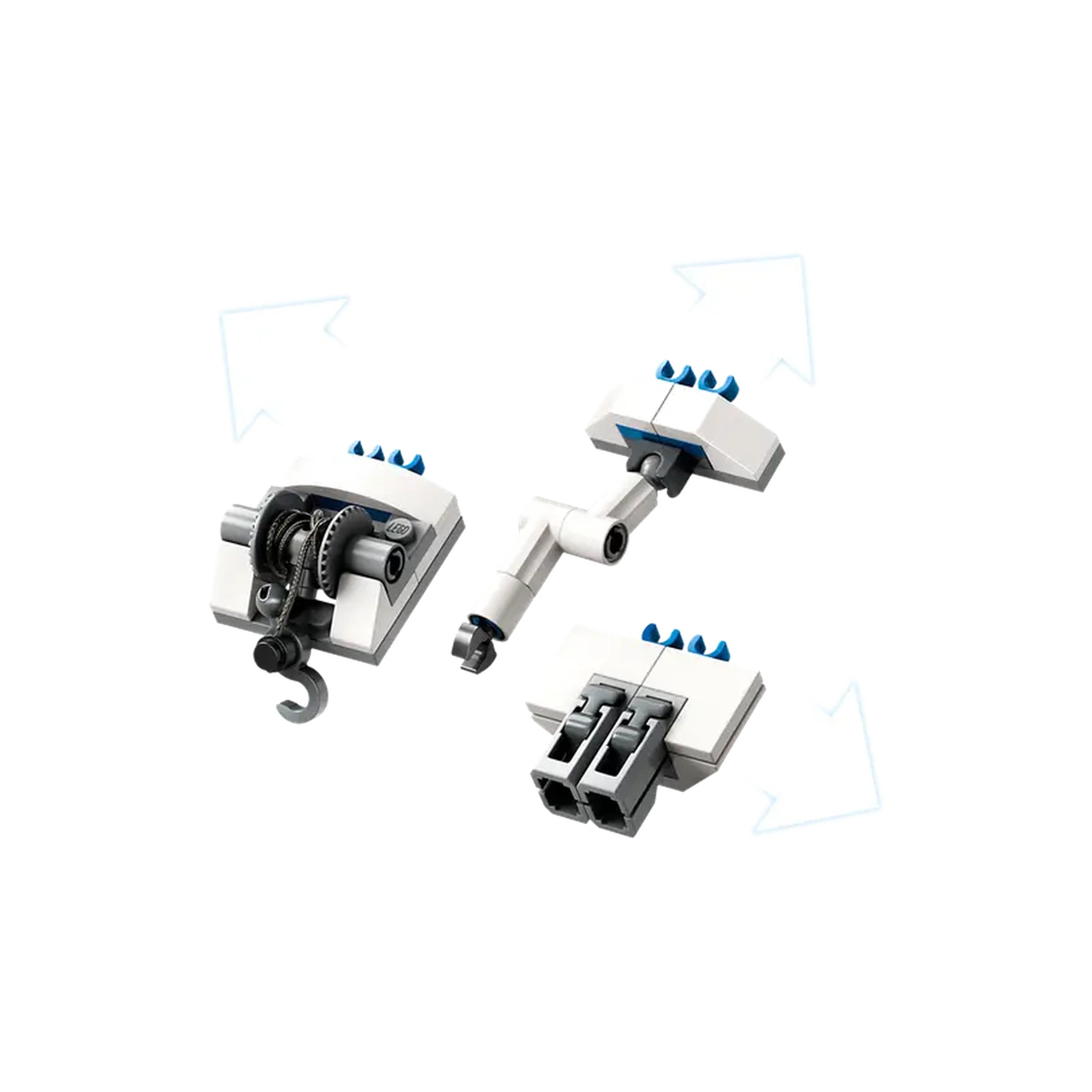 LEGO City Fire Command Truck construction set components displayed, featuring a hook mechanism and robotic arms in white and blue.