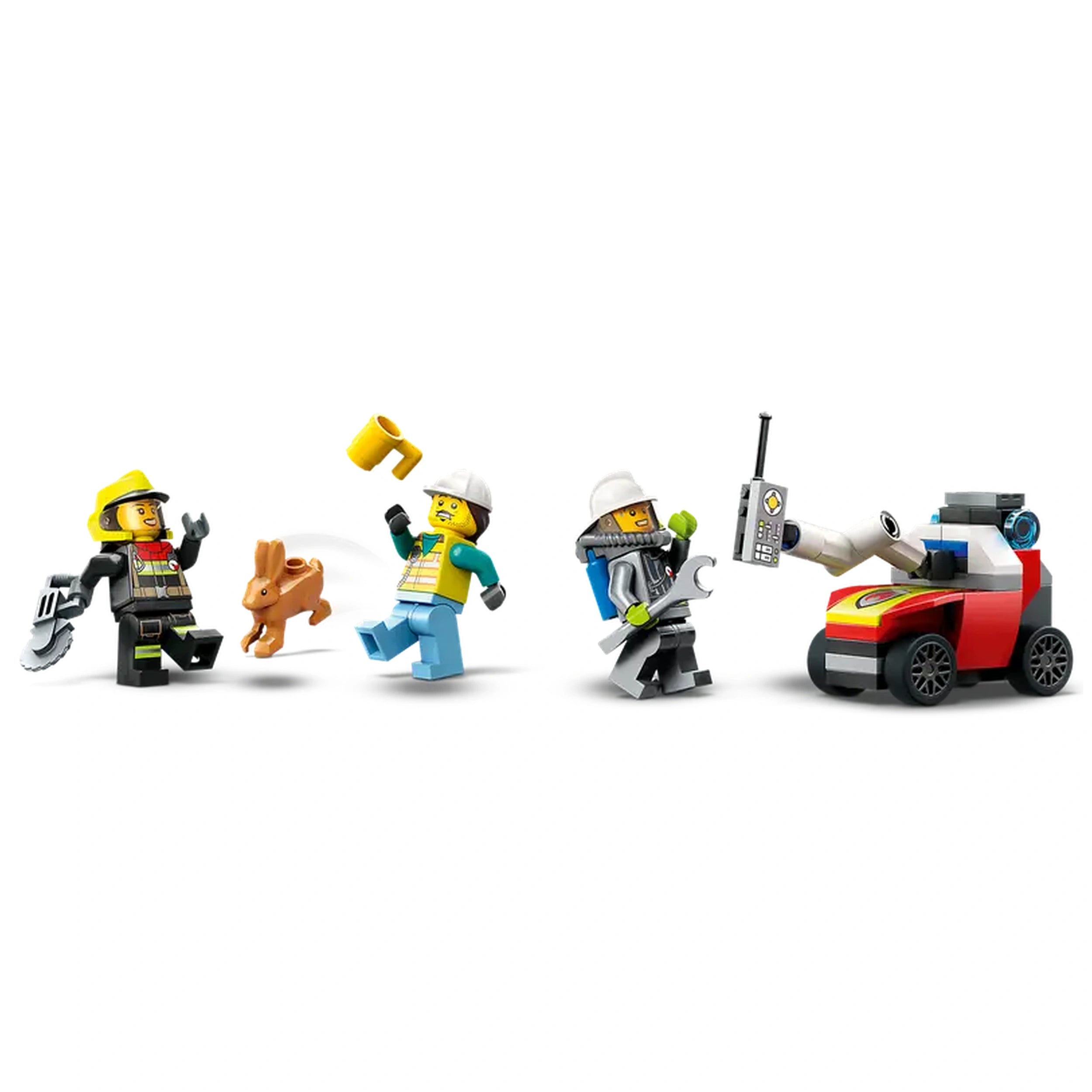 Four LEGO minifigures engage in a firefighting scene: a firefighter with a tool, a woman holding a key, a rescue worker with a wrench, and a small red and white fire drone beside them. A brown rabbit hops in the center, adding a playful touch to the action.