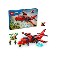 LEGO City Fire Rescue Plane set features a vibrant red twin-engine aircraft, two minifigure firefighters, and a water drop function. The model includes a box depicting a firefighting scene with trees and fire, highlighting adventure and rescue play.