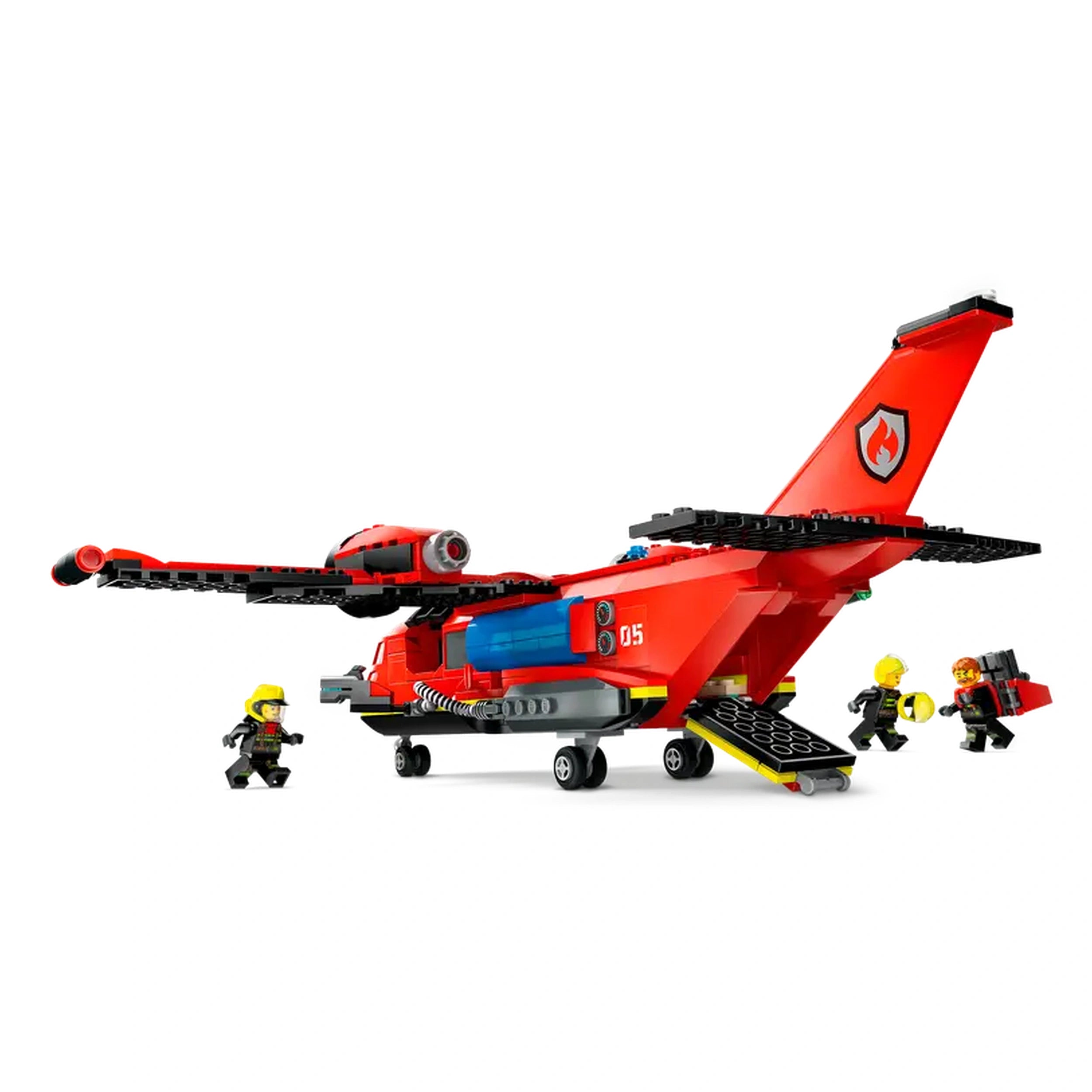 Rescue plane in vibrant red with a detailed tail, surrounded by three firefighter minifigures, preparing for emergency missions.