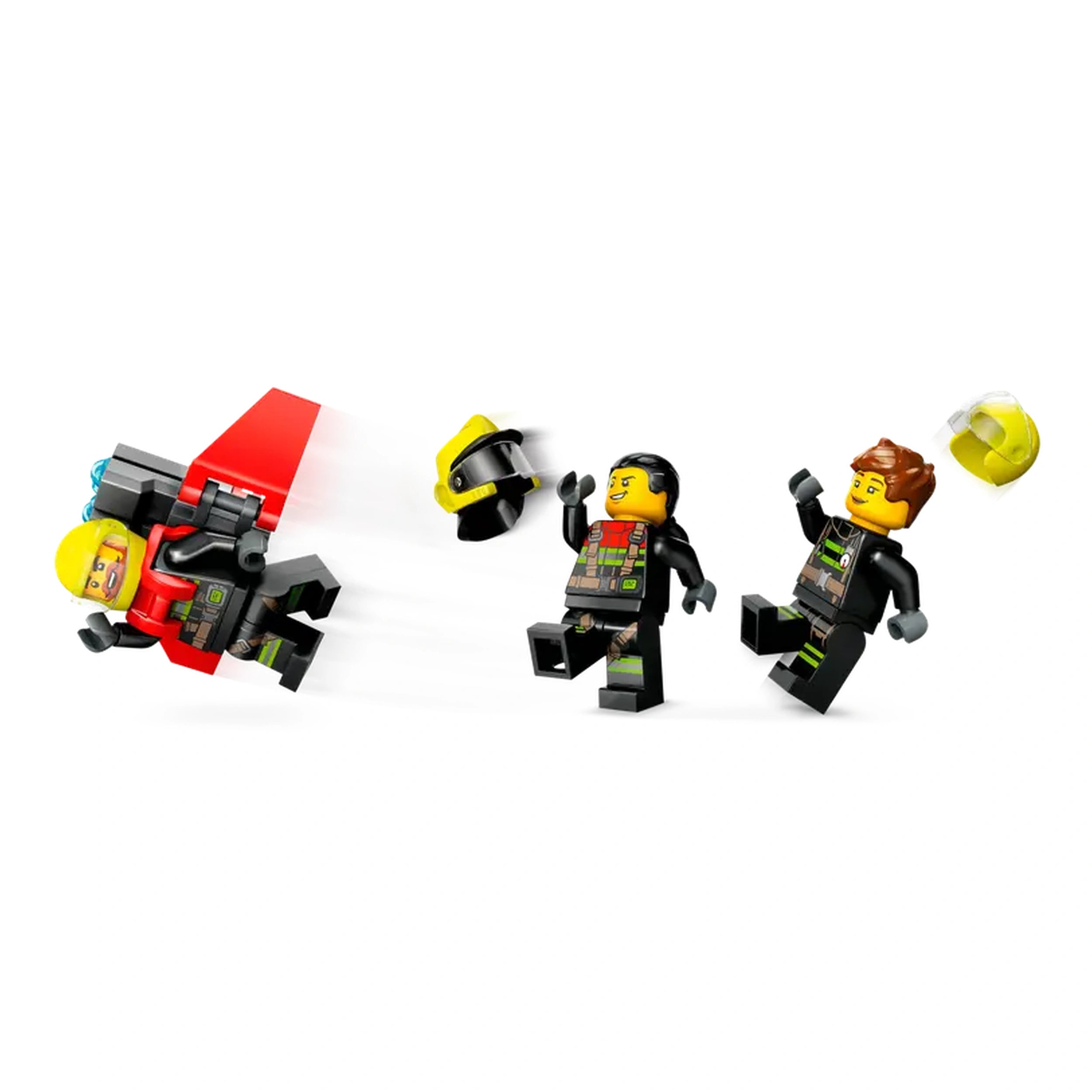 Three LEGO minifigures engage in a firefighting action scene, featuring a jetpack firefighter, an extinguisher operator, and a pilot. They wear detailed fire gear with vibrant colors, showcasing realistic accessories, including helmets and equipment. The background is plain white, emphasizing the dynamic poses of the characters.