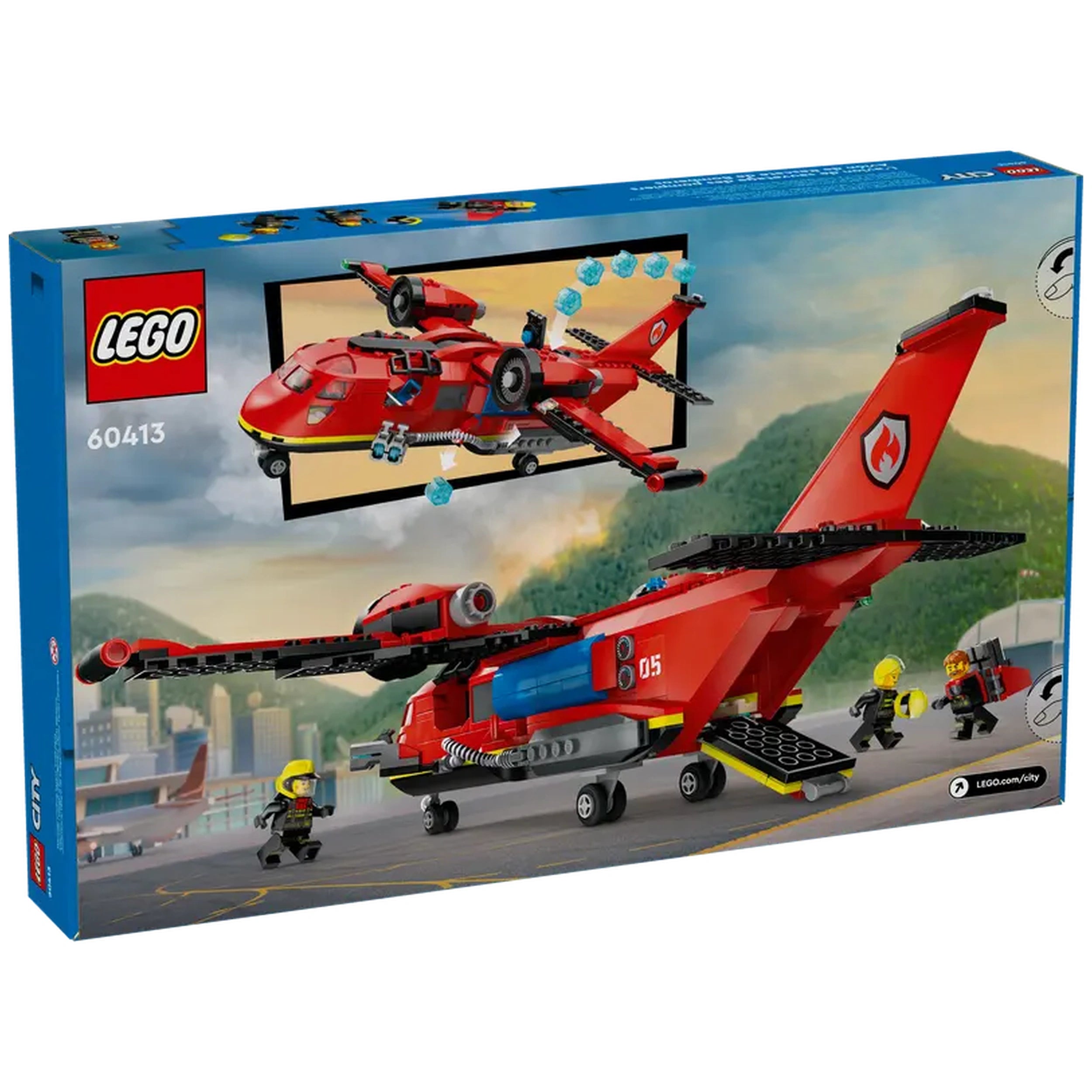 LEGO City Fire Rescue Plane construction set featuring a red twin-engine aircraft with a waterdrop function, alongside three firefighter minifigures on a busy runway.
