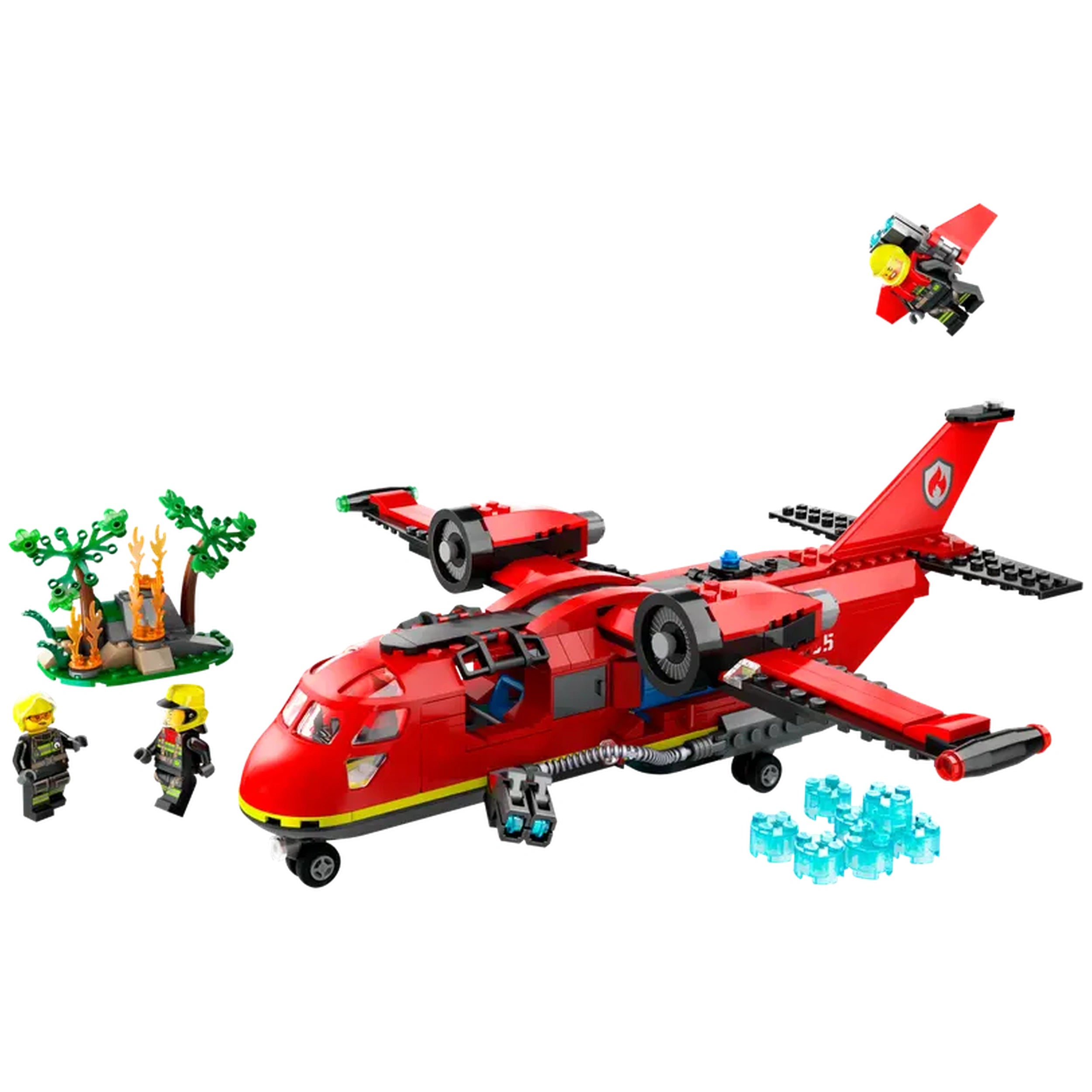 LEGO City Fire Rescue Plane in vibrant red, featuring two propellers, opening cargo door, and water element launchers, accompanied by three minifigures: two firefighters and a pilot. A mini wildfire scene with trees and flames enhances play scenarios.