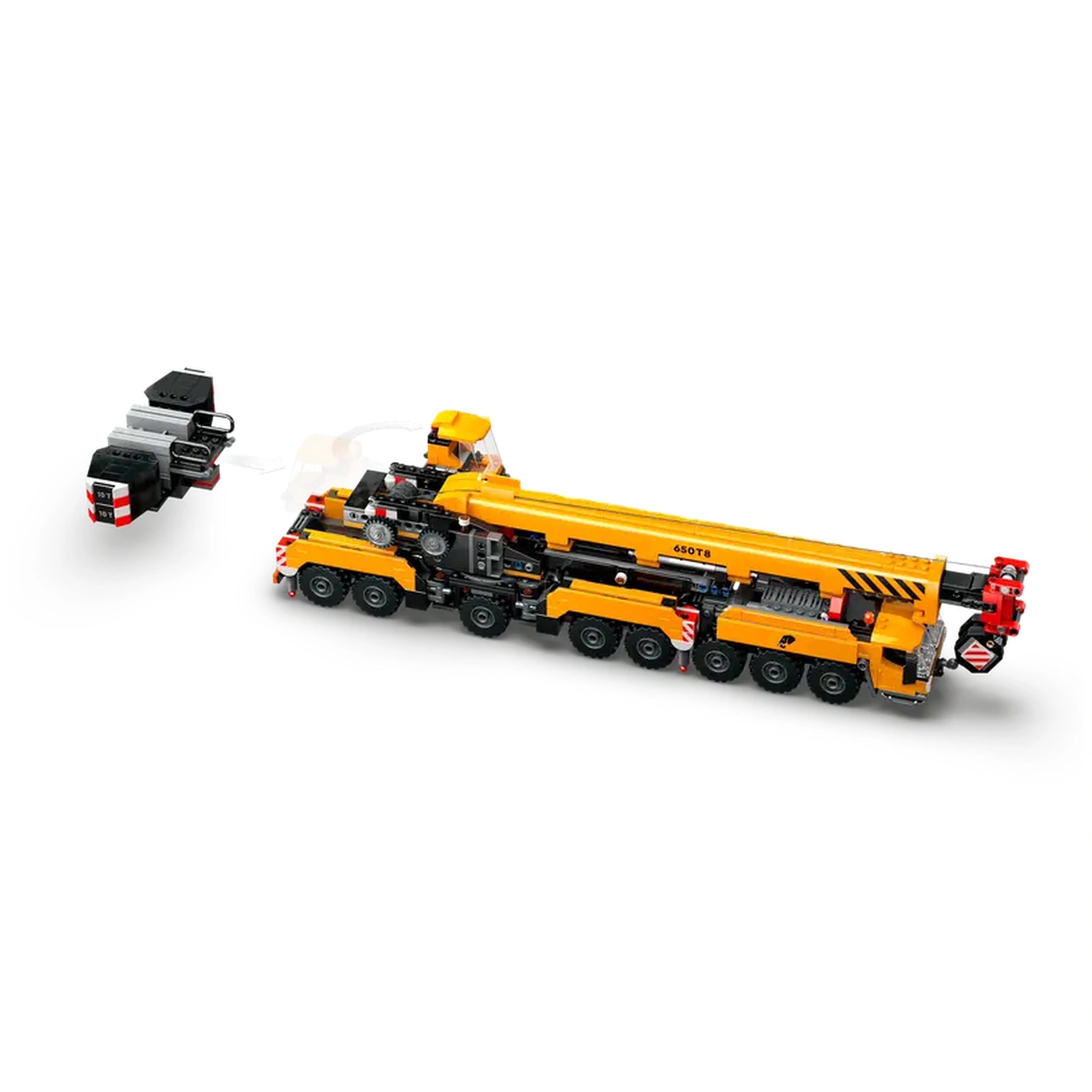 LEGO® City Mobile Construction Crane in vibrant yellow, showcasing a detailed 16-wheel truck and pivoting operator's cab.
