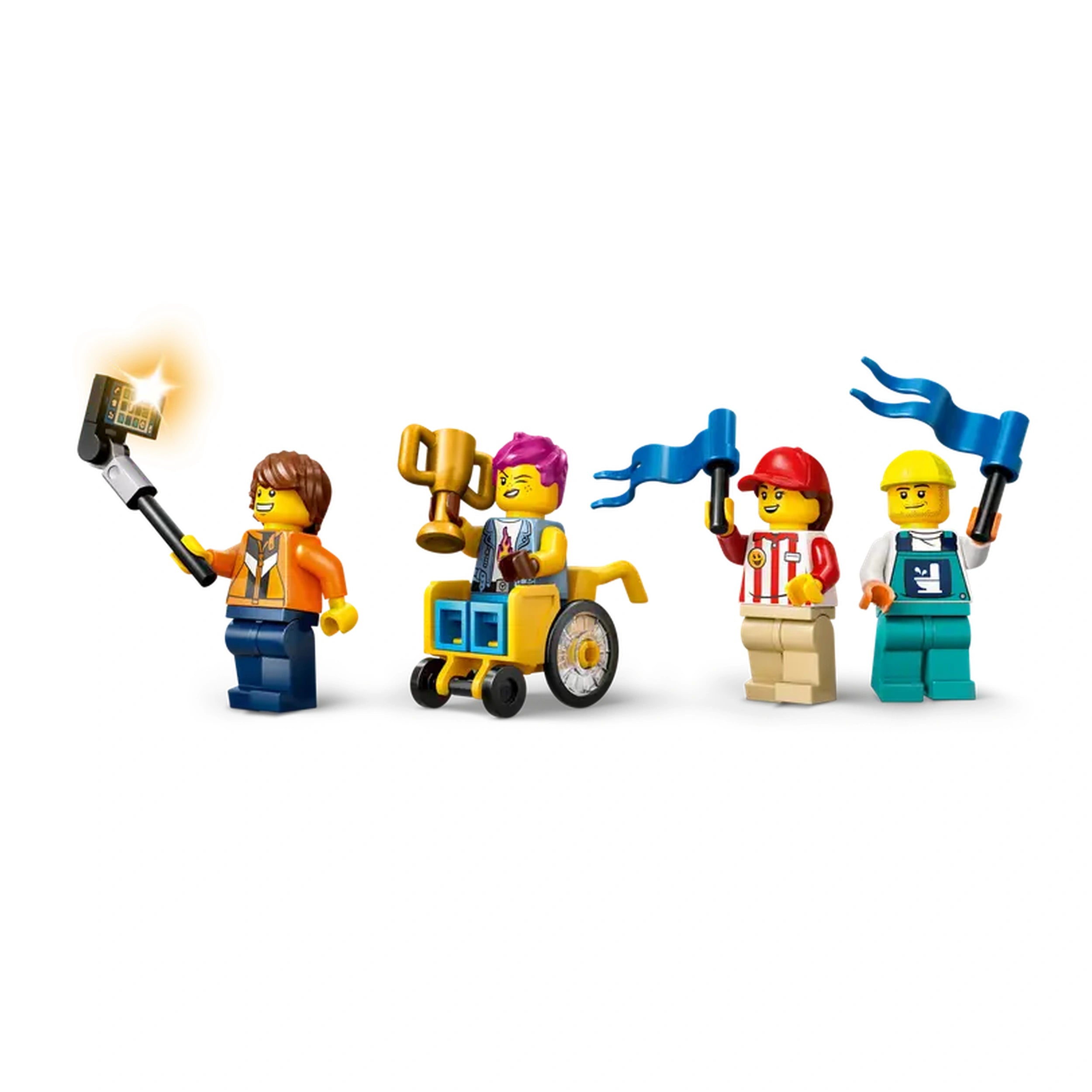Five LEGO figures celebrate success: a child with a trophy in a wheelchair, a person taking a selfie, and three others waving flags in colorful attire.