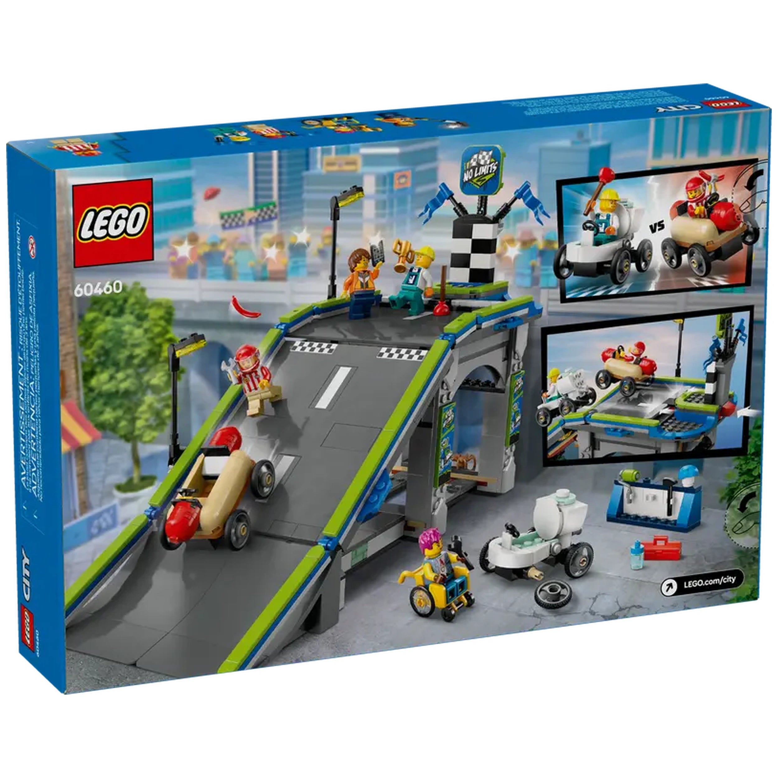 LEGO® City No Limits: Race Car Ramp Track set featuring a tall ramp, whimsical vehicles, and mini-figures ready for soapbox racing.