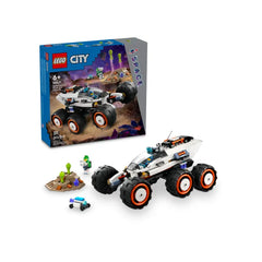 LEGO City Space Explorer Rover set including the rover with oversized tires, astronaut minifigures, alien figure, and a small terrain scene.