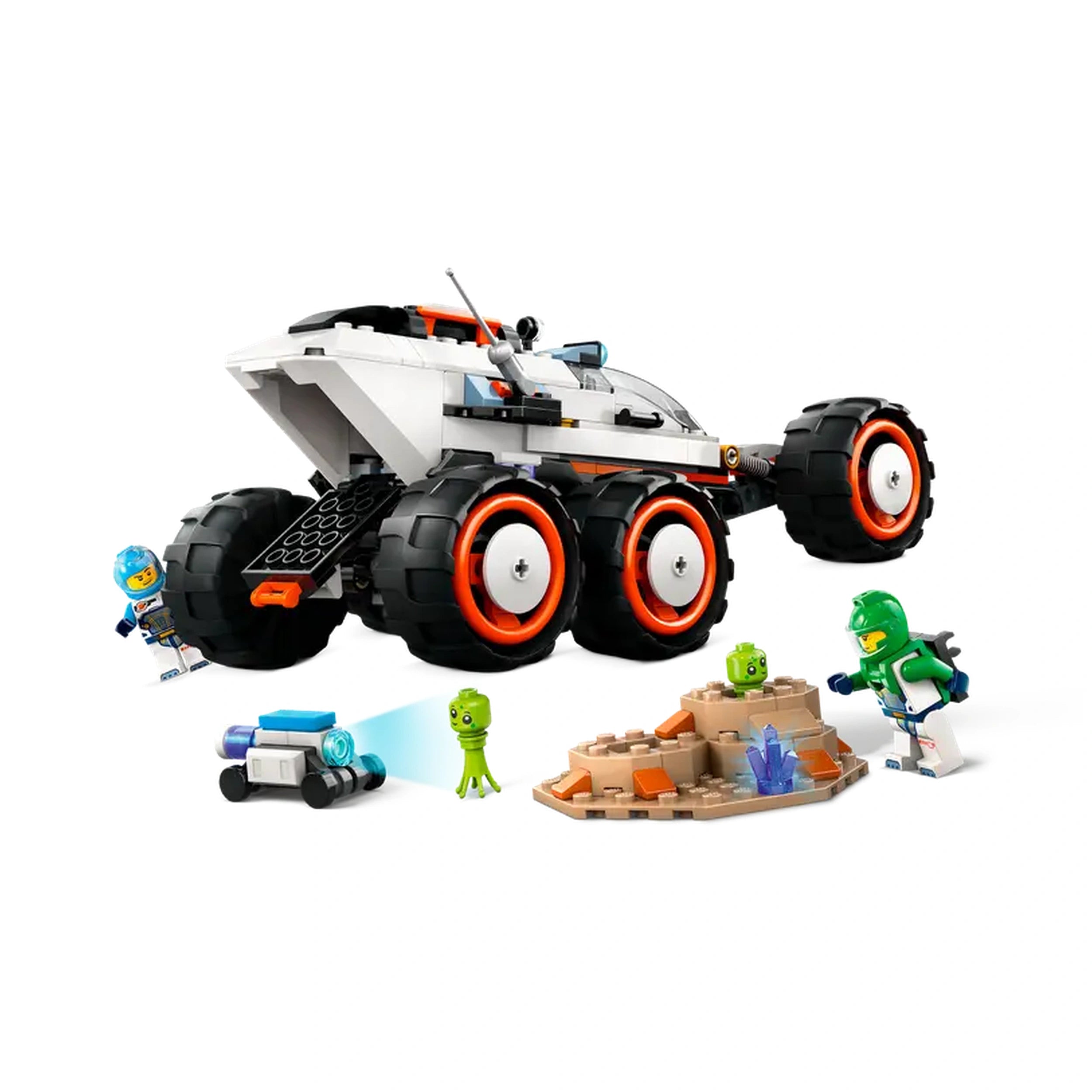 LEGO® City Space Explorer Rover with six oversized tires, two space crew minifigures, and alien figures exploring rocky terrain and crystal formations.