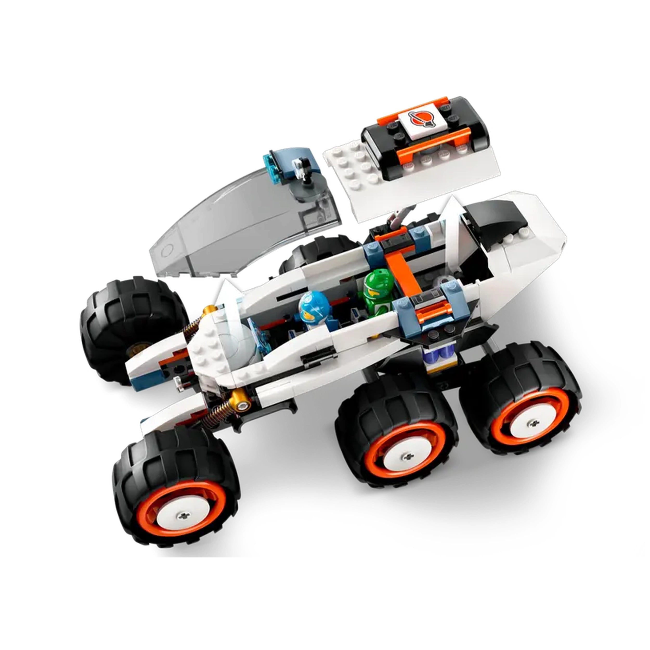 White LEGO® space rover with oversized black and orange wheels, featuring two astronaut minifigures inside and a removable cover.