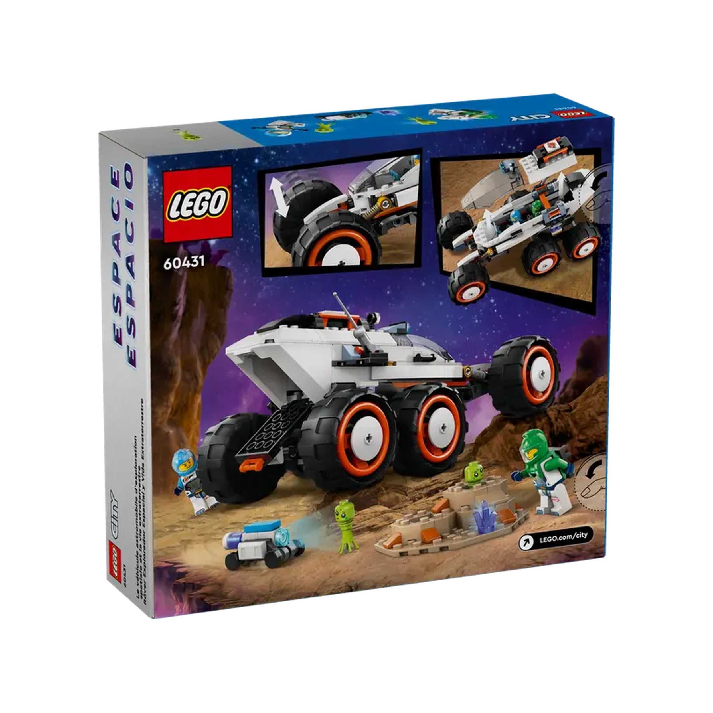 LEGO® City Space Explorer Rover construction set box featuring a robust rover with oversized tires, two astronauts, and alien figures on a rocky alien landscape.
