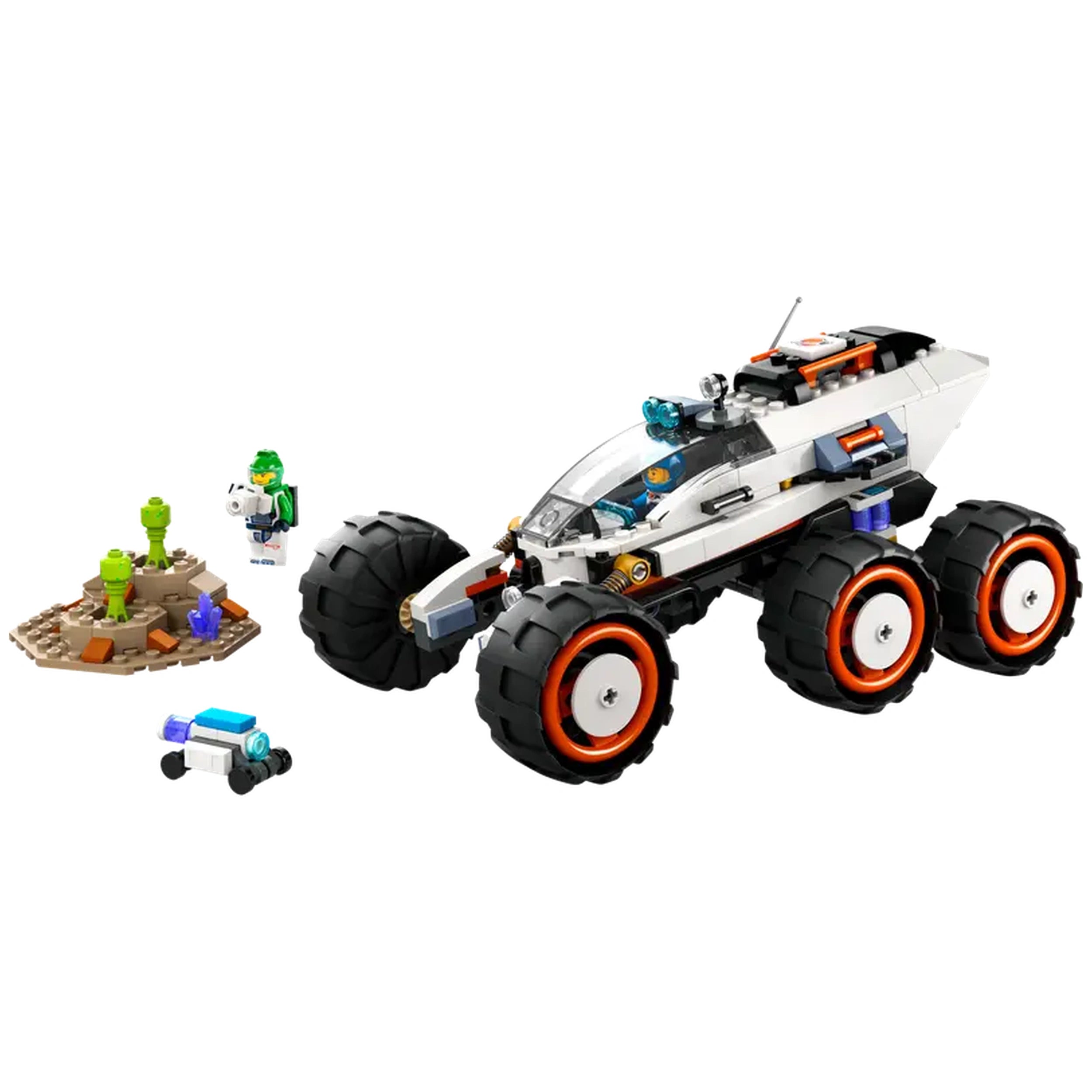 LEGO® City Space Explorer Rover with oversized tires, accompanied by two minifigures and an alien figure near a colorful alien terrain.