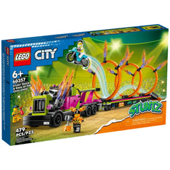 LEGO City Stunt Truck & Ring of Fire Challenge set, featuring a colorful truck with flames, stunt bike, and minifigures, ideal for ages 6+.