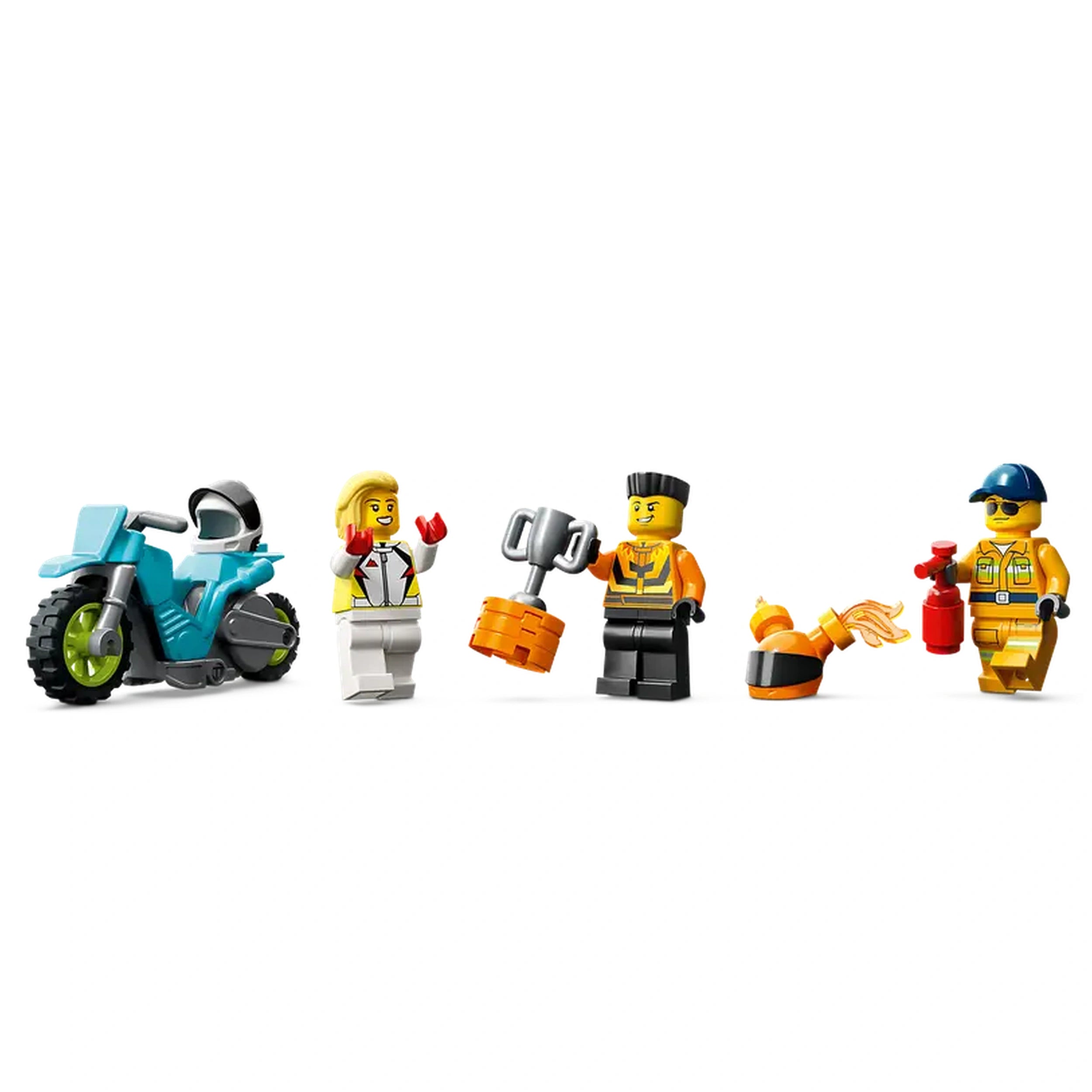 Four LEGO minifigures stand together: a motorcycle rider in a white outfit, a male in an orange shirt holding a trophy, a helmet-wearing character, and a firefighter with a red extinguisher. A blue stunt motorcycle is positioned on the left. The scene conveys an action-packed atmosphere, ideal for imaginative play.