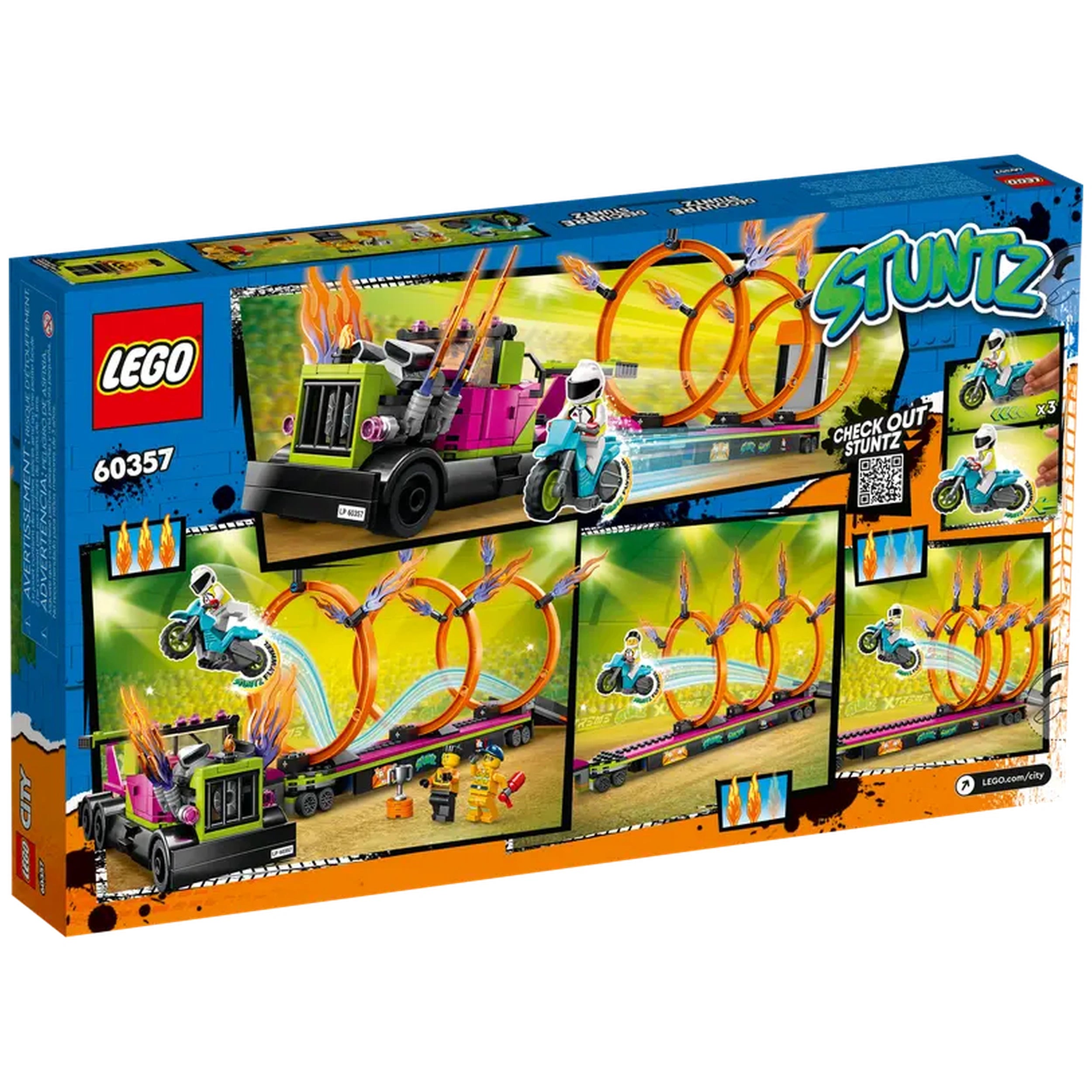 Colorful LEGO® City Stunt Truck box featuring a green and pink truck, a flywheel-powered motorcycle, and three rings of fire. Illustrations show stunts in action with minifigures performing.