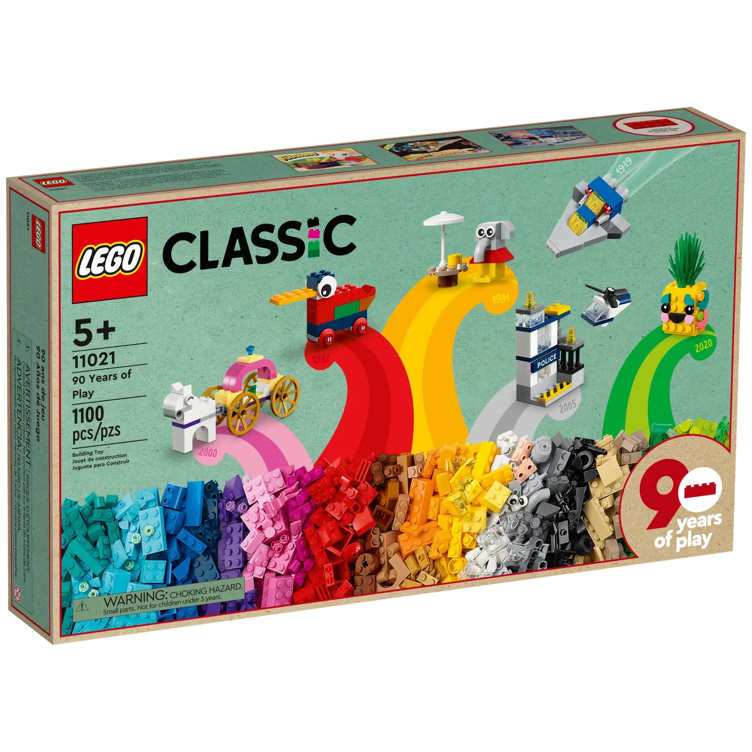 Colorful LEGO® Classic box featuring the 90 Years of Play set, showcasing various mini builds, age recommendation 5+, and 1100 pieces.