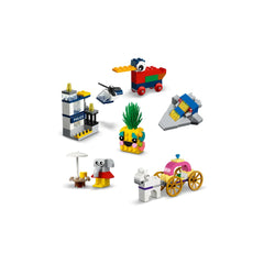 Colorful LEGO® mini builds including a police station, duck, helicopter, pineapple, elephant, and carriage, ideal for creative play.