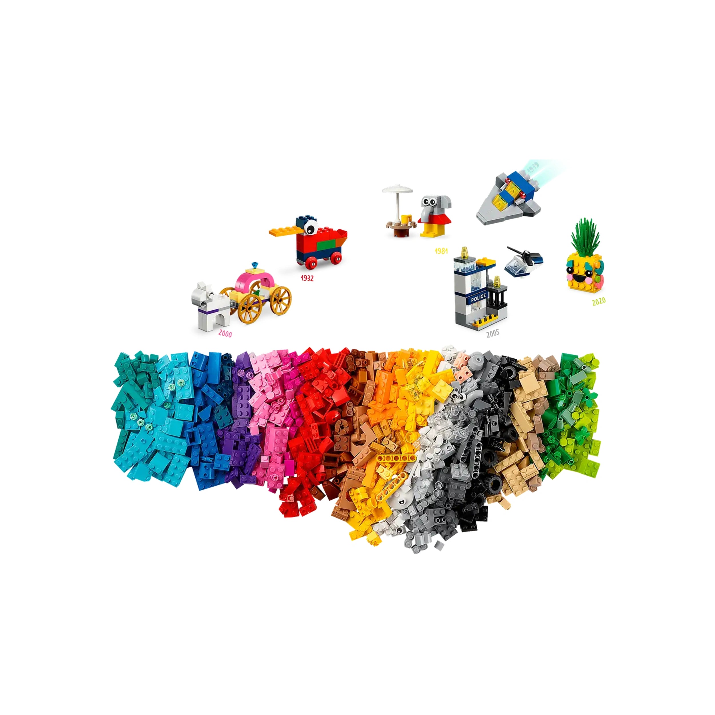 Colorful assortment of LEGO® bricks in various shades, featuring mini builds like a pirate ship, car, and a police station.
