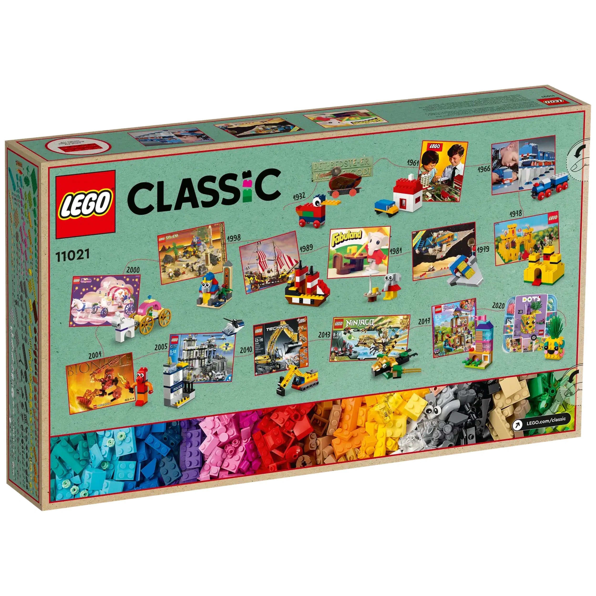 Colorful LEGO® Classic 90 Years of Play construction set box displaying 15 mini builds, iconic creations, and assorted bricks.