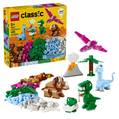 Colorful LEGO® Classic Creative Dinosaurs construction set featuring various dinosaur figures, a volcano, and a palm tree.