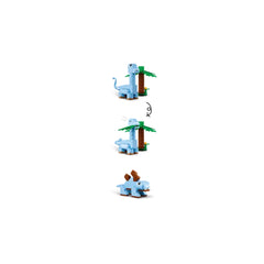 Blue dinosaur model next to a palm tree and brown tree trunk, showcasing playful, colorful LEGO® bricks with expressive features.