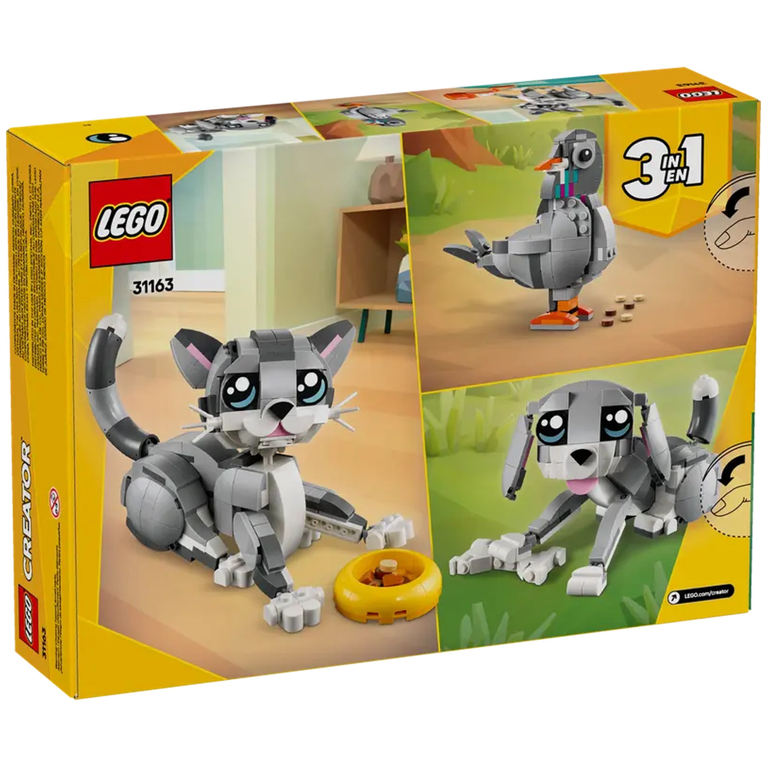 LEGO® Creator 3in1 Playful Cat construction set box, featuring a playful gray cat with a food bowl, and images of a bird and dog on the sides.