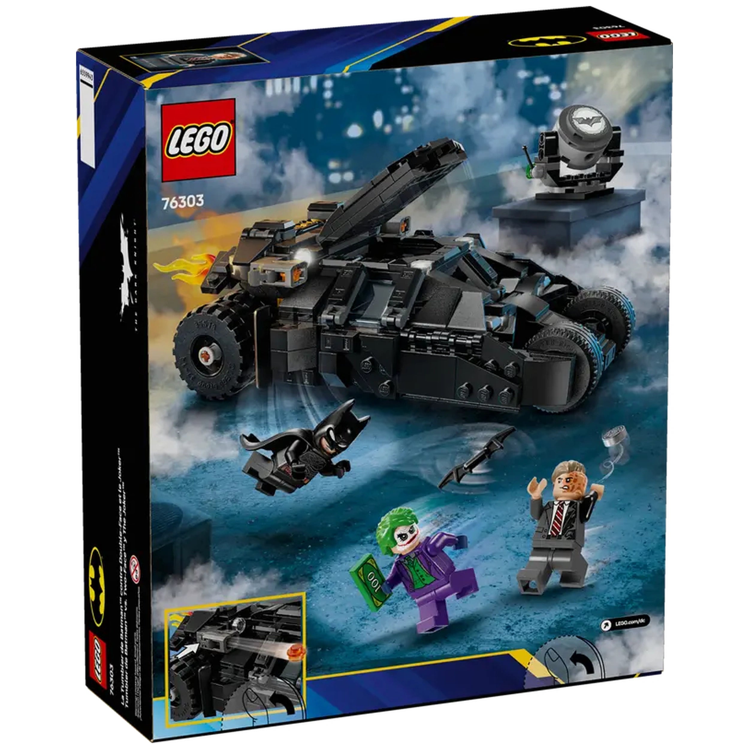 LEGO Batman Tumbler construction set with Two-Face and The Joker minifigures, set against a Gotham City backdrop with dramatic clouds.