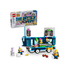 LEGO Despicable Me Minions’ Music Party Bus set featuring four Minion figures, vibrant colors, and fun accessories like musical speakers and food items.