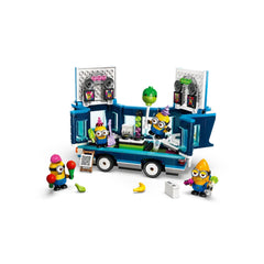Colorful LEGO® set featuring the Minions’ Music Party Bus with four iconic Minion figures enjoying a lively party scene, complete with musical equipment, snacks, and decorations.