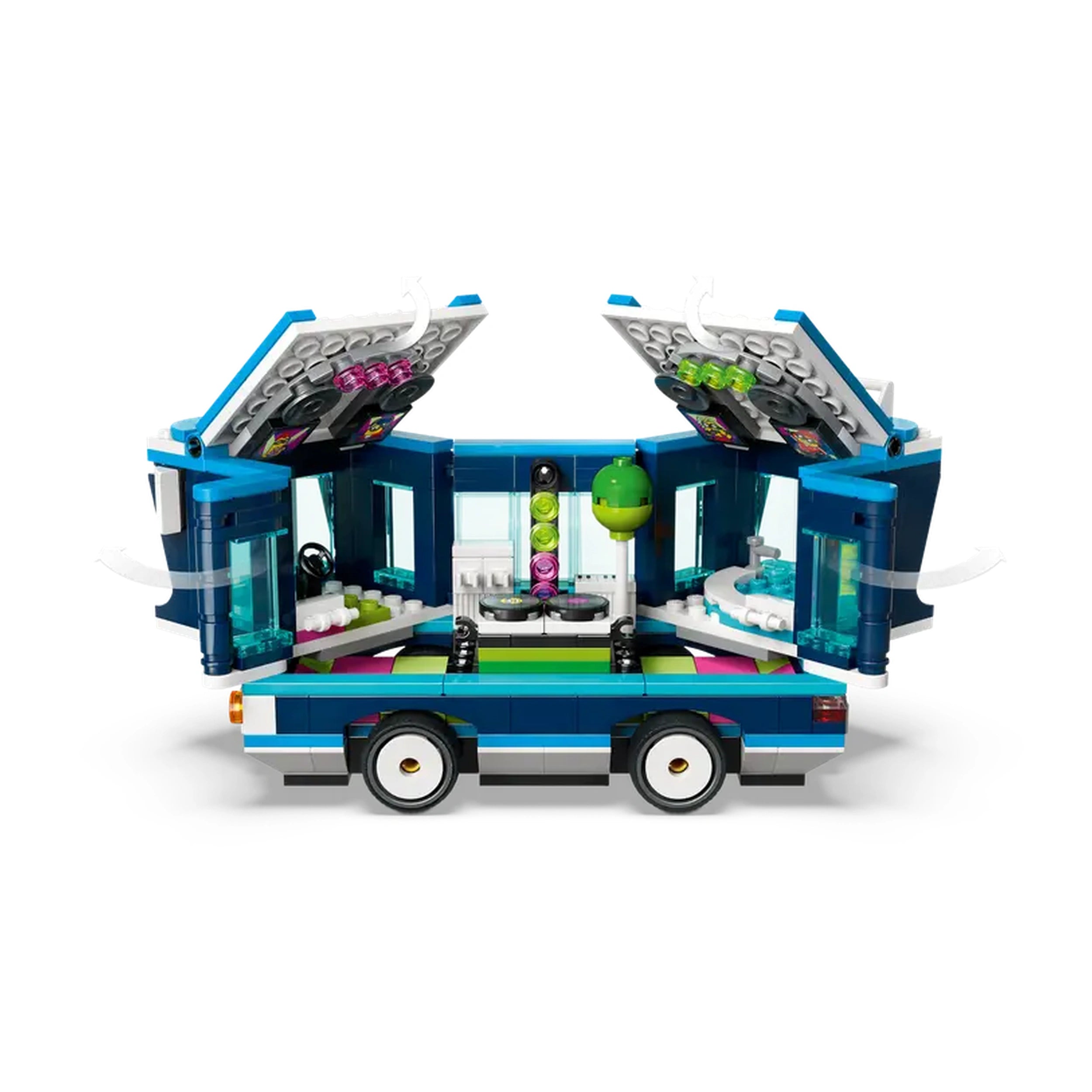Minions' Music Party Bus construction set featuring vibrant blue vehicle with open sides, decorated with colorful details and party elements inside.
