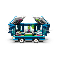 Minions' Music Party Bus construction set featuring vibrant blue vehicle with open sides, decorated with colorful details and party elements inside.