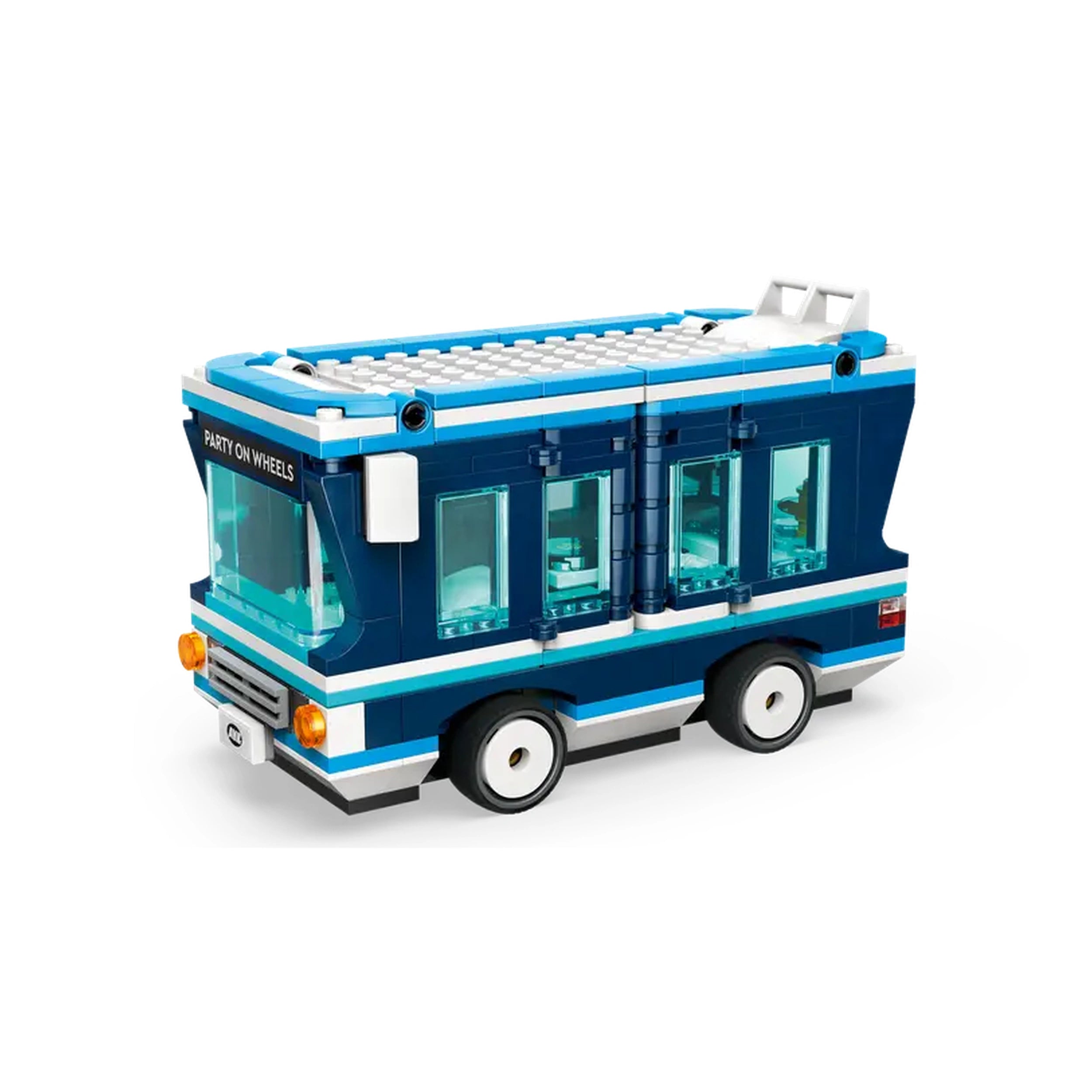 LEGO® Despicable Me Minions' Music Party Bus set in vibrant blue, featuring large windows, wheels, and a "Party on Wheels" sign.