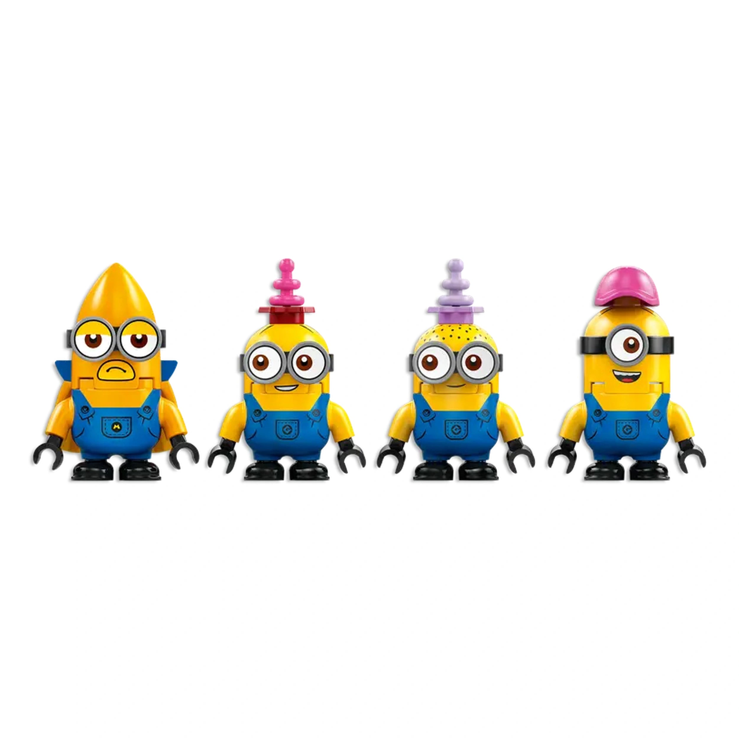 Four colorful Minion figures from the LEGO Despicable Me set, each wearing unique hats, with cheerful expressions and blue overalls.