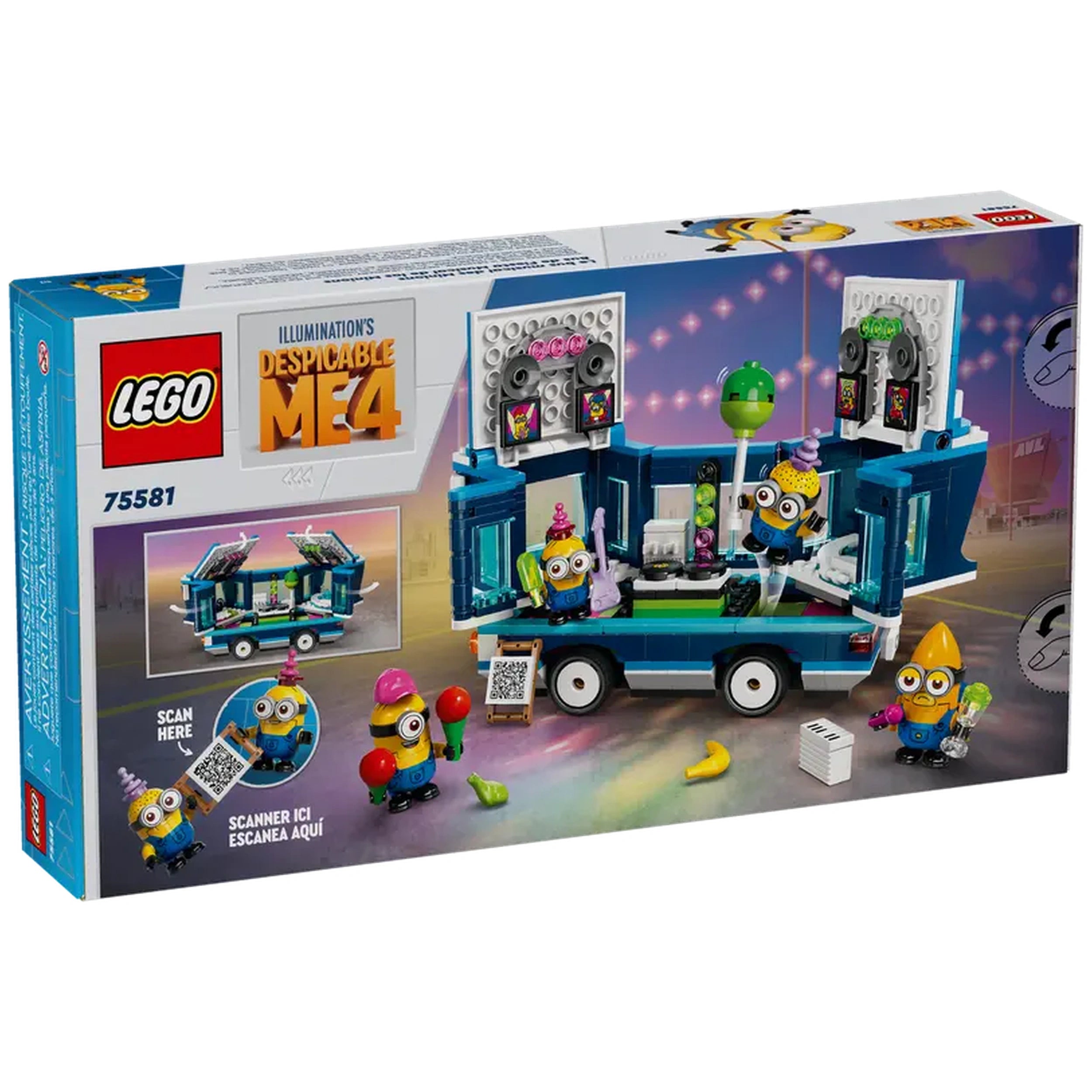 LEGO Despicable Me 4 Minions' Music Party Bus set featuring four Minion figures, colorful vehicle, and party scene with music elements.