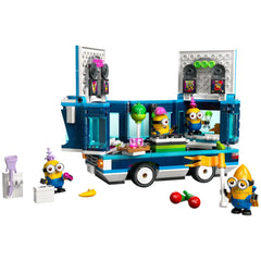 Vibrant LEGO® Despicable Me Minions' Music Party Bus set featuring four Minion figures, colorful treats, and playful decorations.