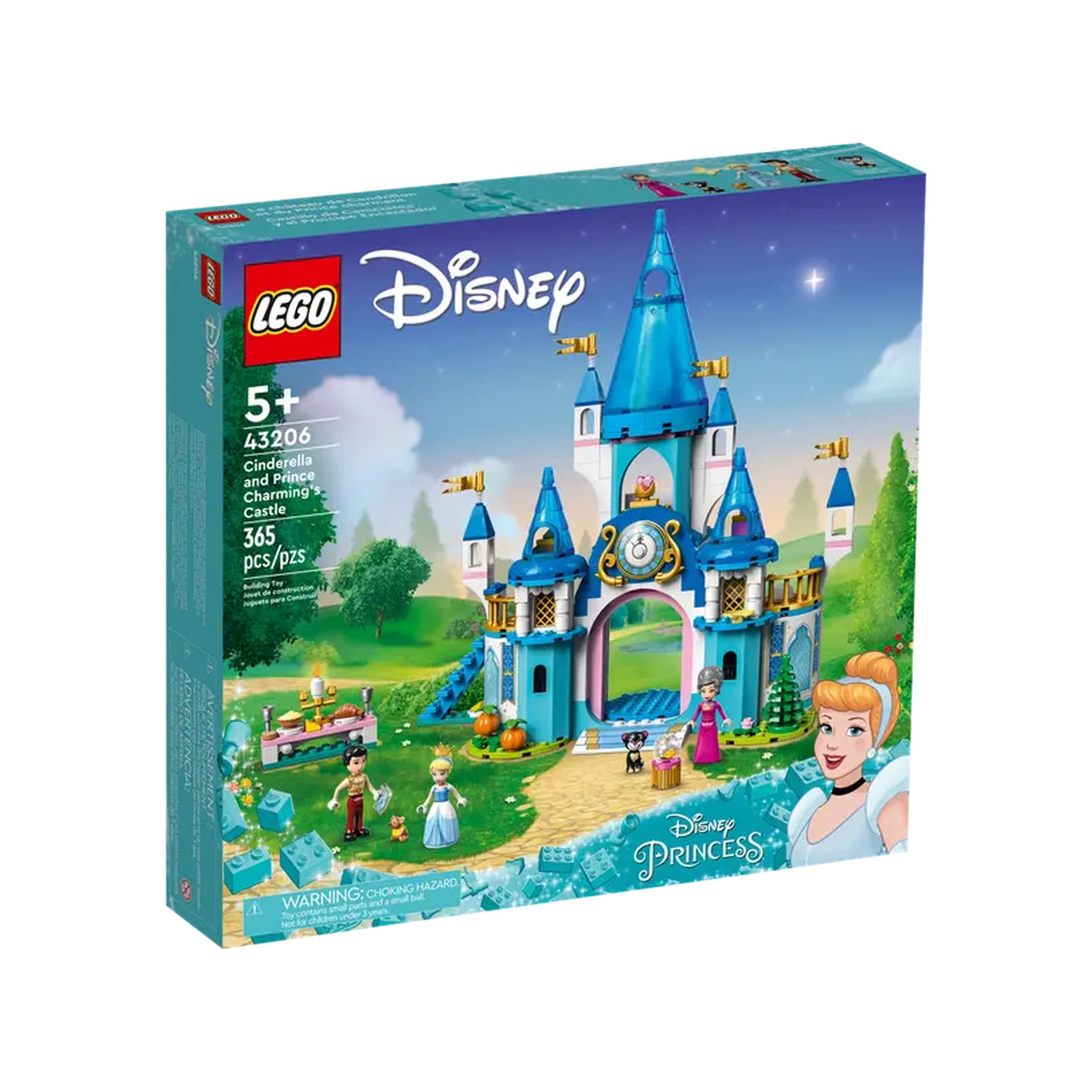 LEGO Disney Cinderella and Prince Charming's Castle set box displaying a colorful three-level castle, mini-doll figures, and a scenic background.