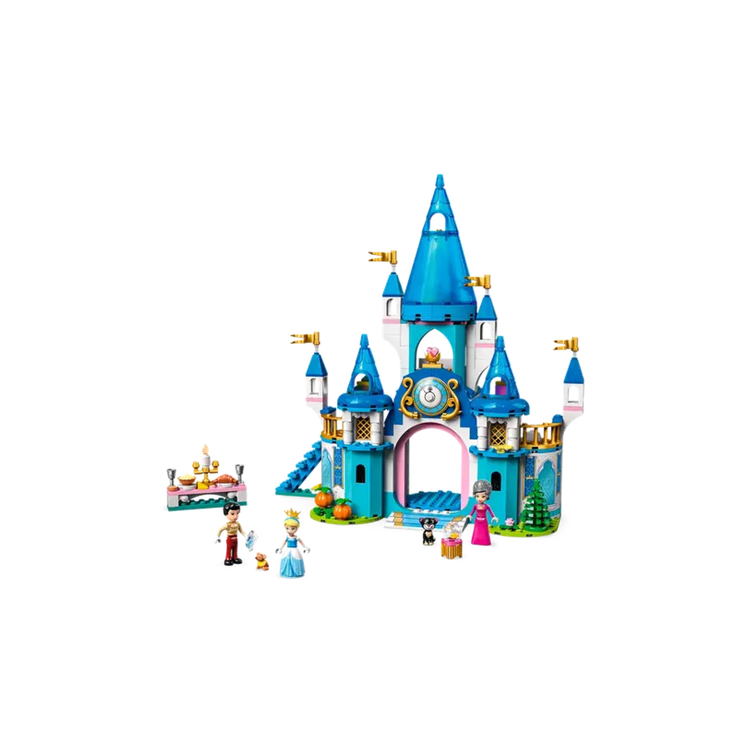 Enchanting LEGO® Disney Cinderella and Prince Charming’s Castle, featuring three towers, mini-doll figures, and a vibrant garden scene.