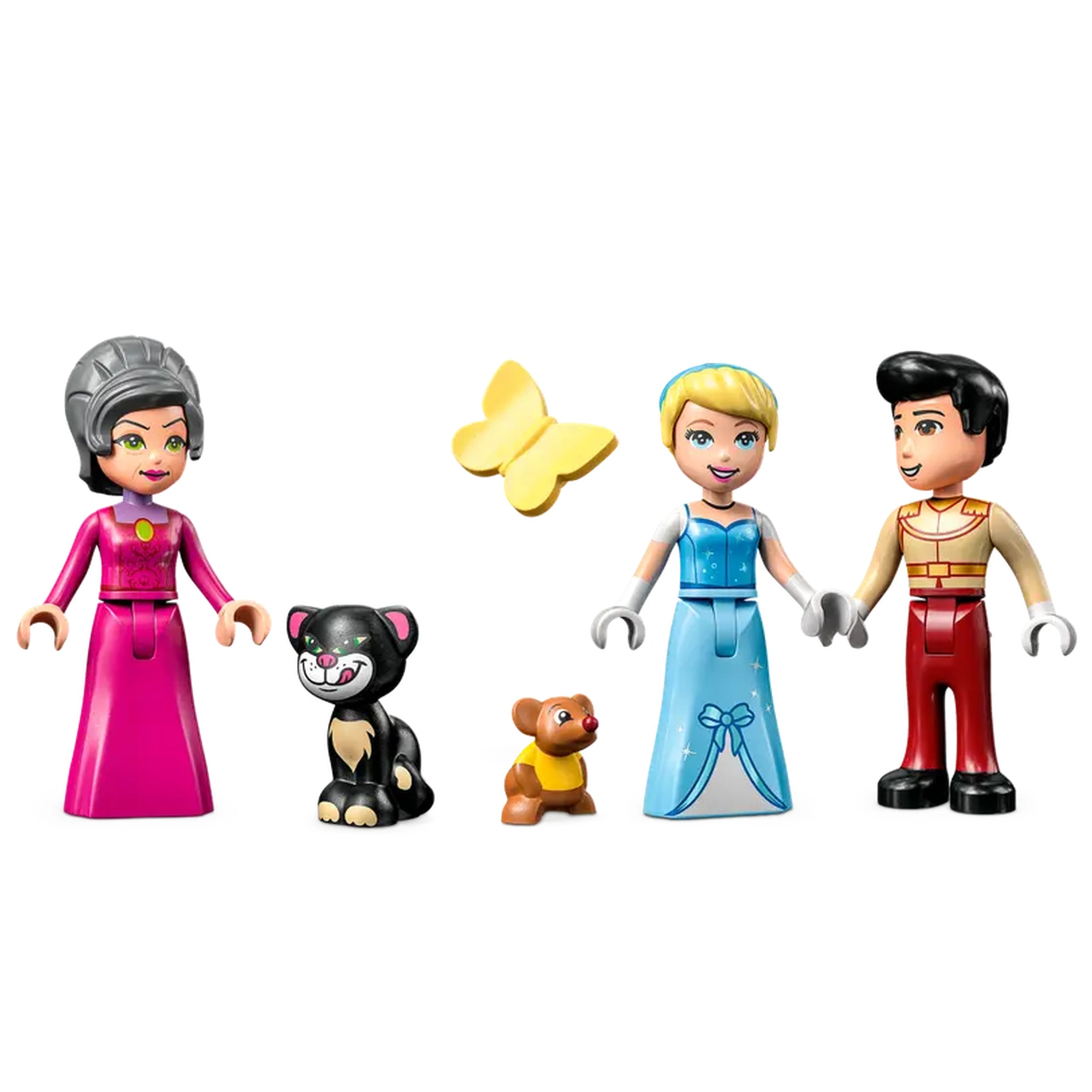 Cinderella and Prince Charming stand hand-in-hand, surrounded by their friends: the elegant Lady Tremaine in a pink dress, a black cat with a mischievous grin, a yellow butterfly, and a small bear figure.