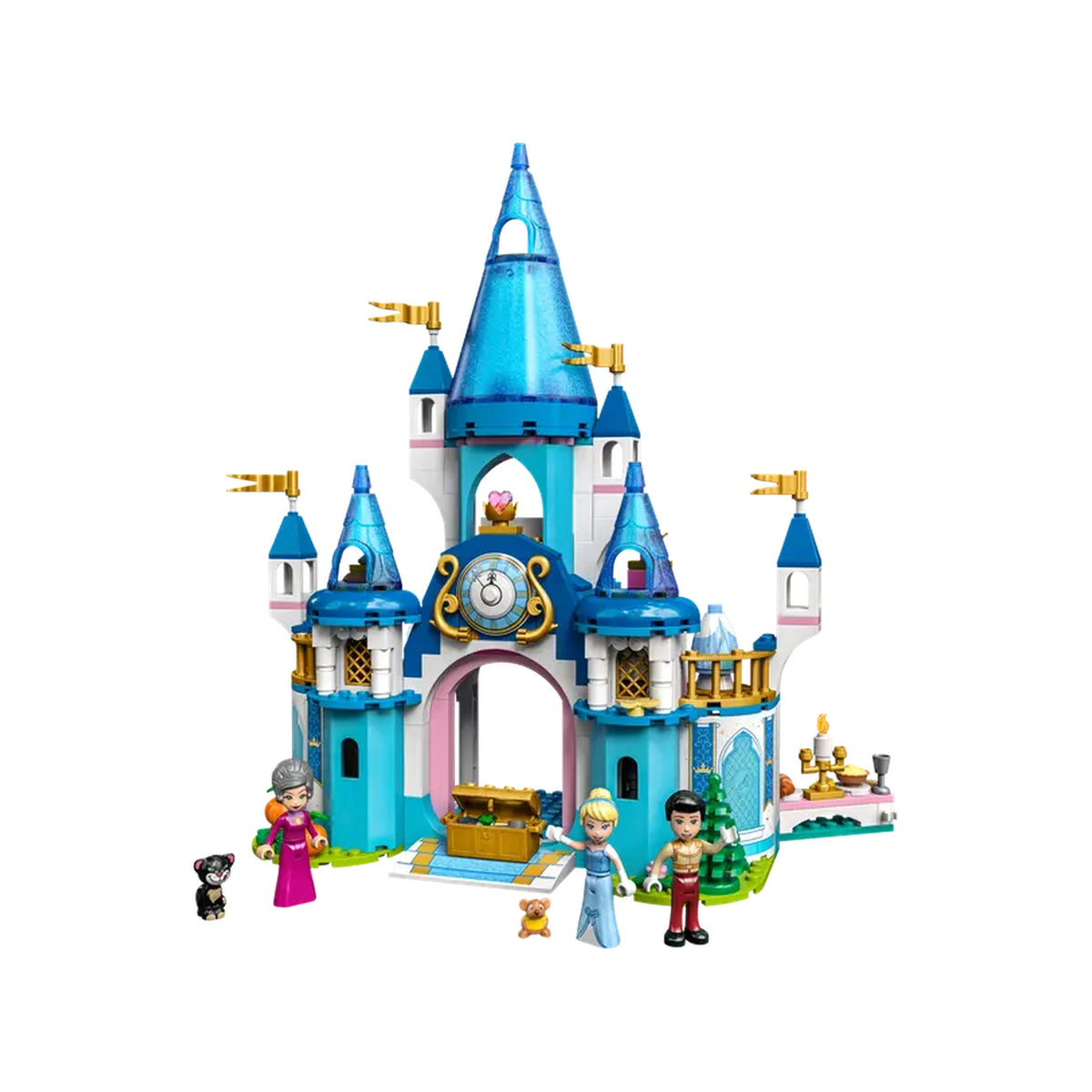 Colorful LEGO® Disney Cinderella and Prince Charming's Castle features blue turrets, a clock, and three mini-doll figures: Cinderella, Prince Charming, and Lady Tremaine, alongside Gus Gus and Lucifer.