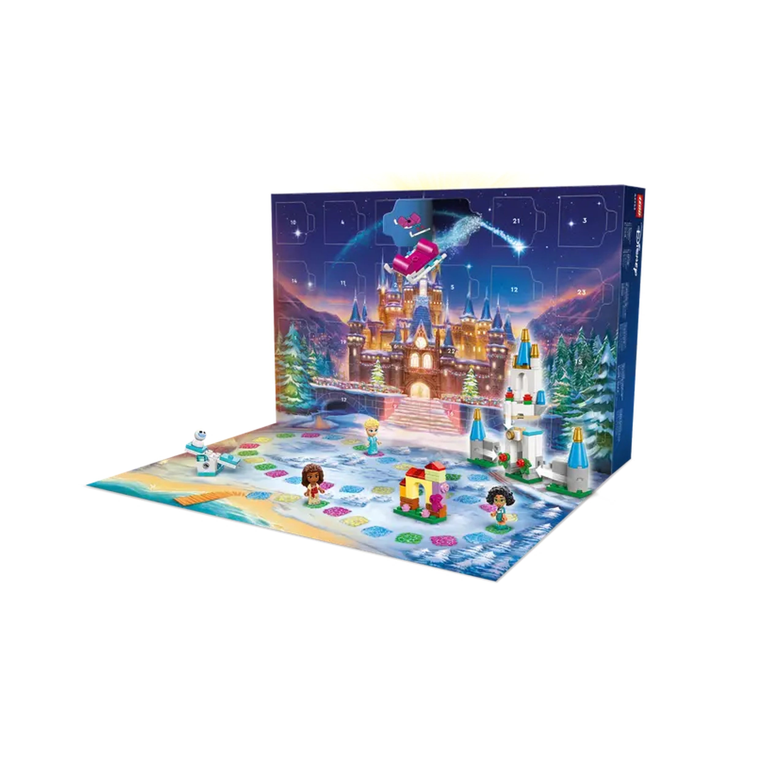 LEGO® Disney Advent Calendar 2024 featuring a snowy landscape with characters like Elsa and a snowman, surrounded by colorful mini builds and a castle backdrop.