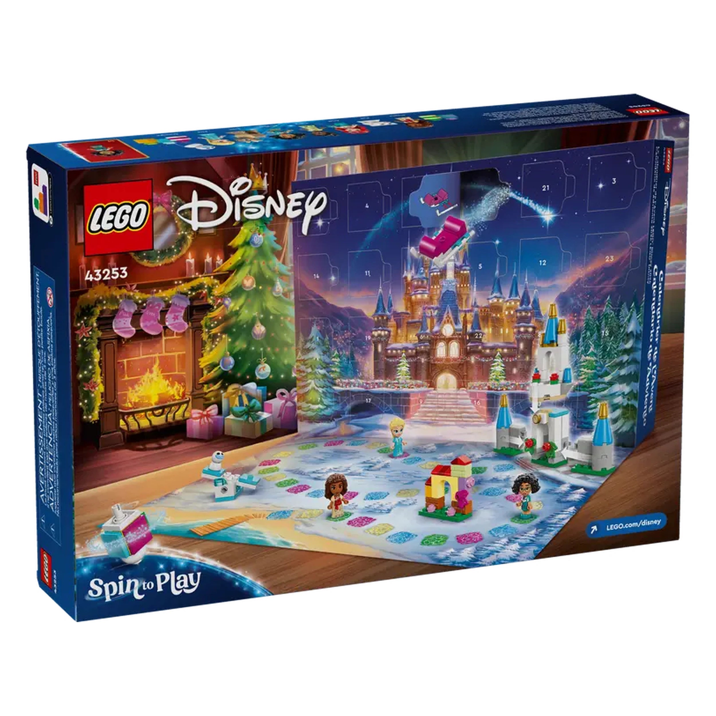LEGO Disney Advent Calendar box featuring a snowy scene with a decorated Christmas tree, a fireplace, and a fairy tale castle backdrop. Included are mini figures of Disney princesses, gifts, and festive decorations.