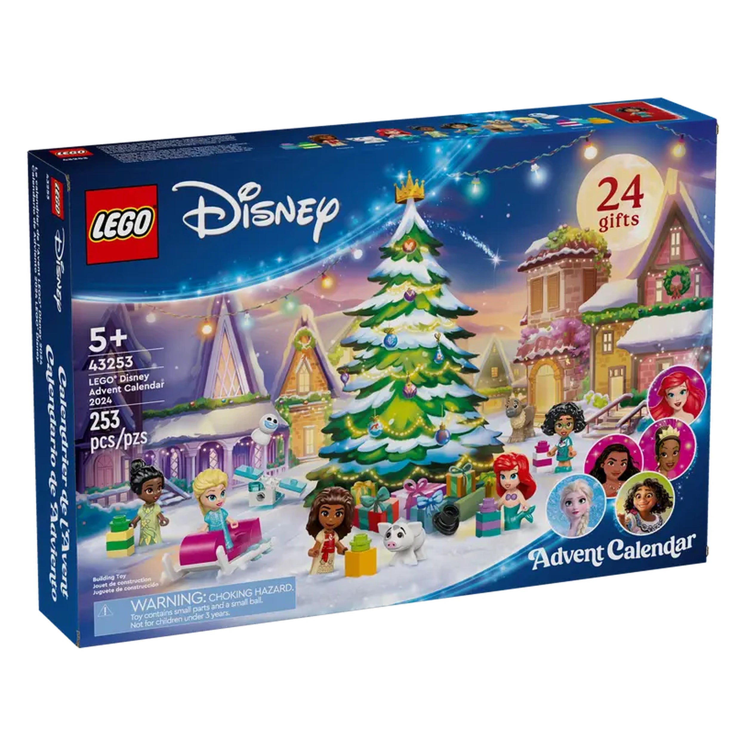 LEGO® Disney Advent Calendar 2024, featuring a decorated Christmas tree, 24 gift boxes, and iconic Disney characters like Elsa, Tiana, and Ariel in a snowy village scene.