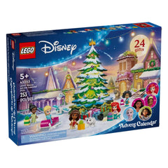 LEGO® Disney Advent Calendar 2024, featuring a decorated Christmas tree, 24 gift boxes, and iconic Disney characters like Elsa, Tiana, and Ariel in a snowy village scene.