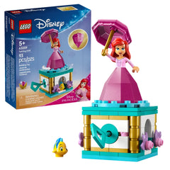LEGO Disney Princess Twirling Ariel construction set with Ariel in a pink dress holding an umbrella, mini Flounder, and a colorful base.