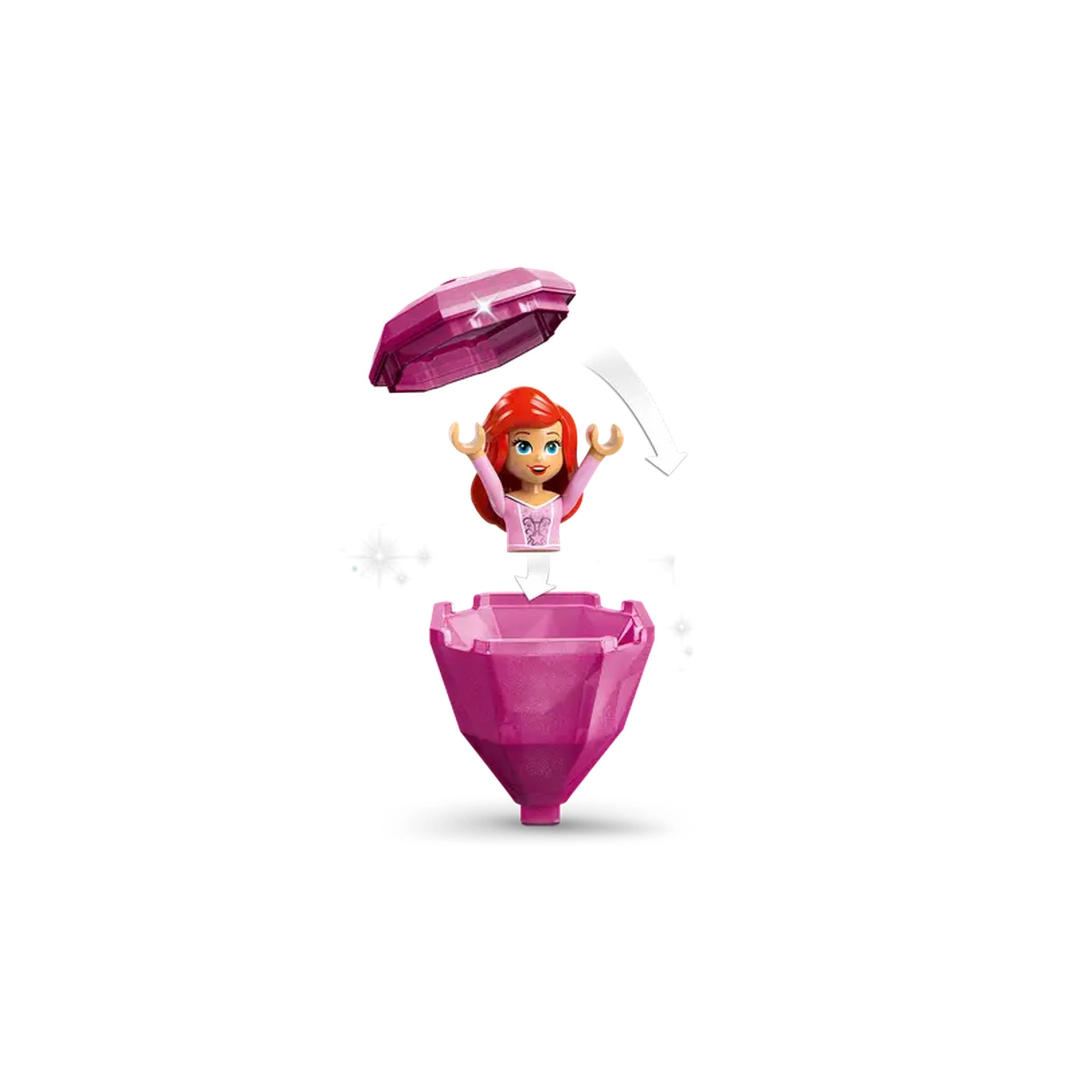 LEGO® Disney Princess Twirling Ariel set featuring a pink diamond-shaped container and Ariel mini-doll with red hair.