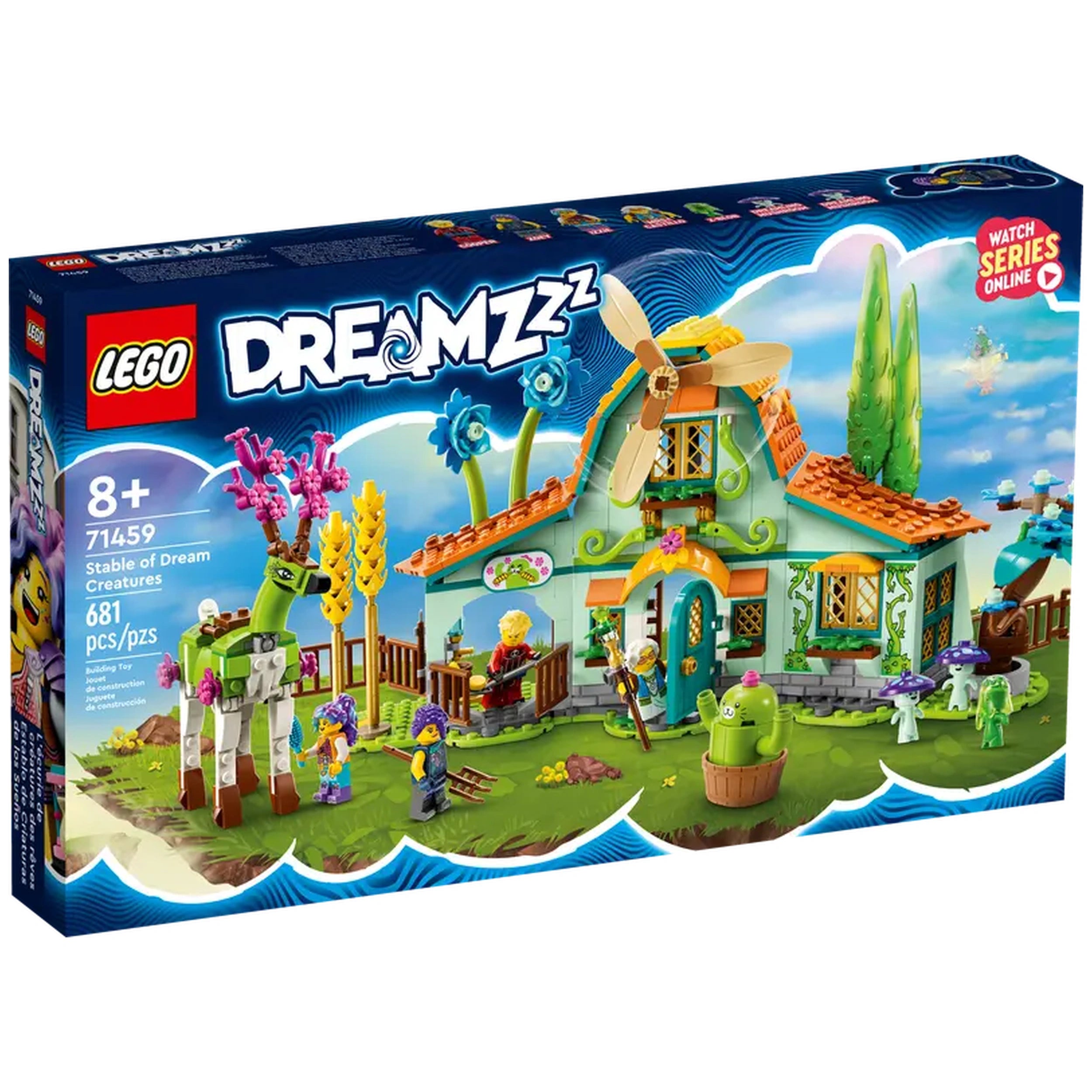 Colorful LEGO® DREAMZzz™ Stable of Dream Creatures set featuring a whimsical house, a windmill, and playful dreamlings exploring a magical landscape.