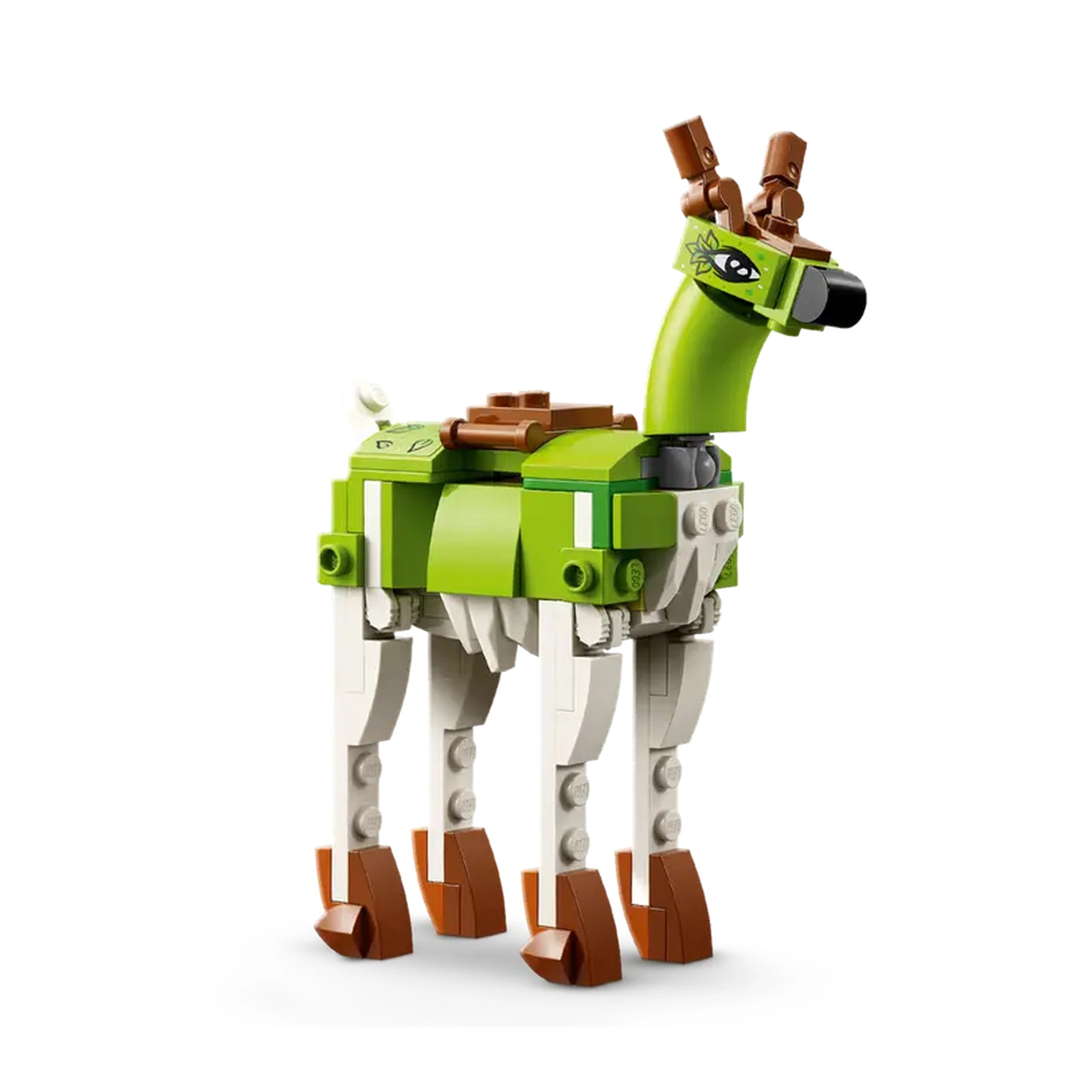 A green LEGO® DREAMZzz™ creature with white legs, featuring a playful design, brown hooves, and two antlers, stands against a white background.