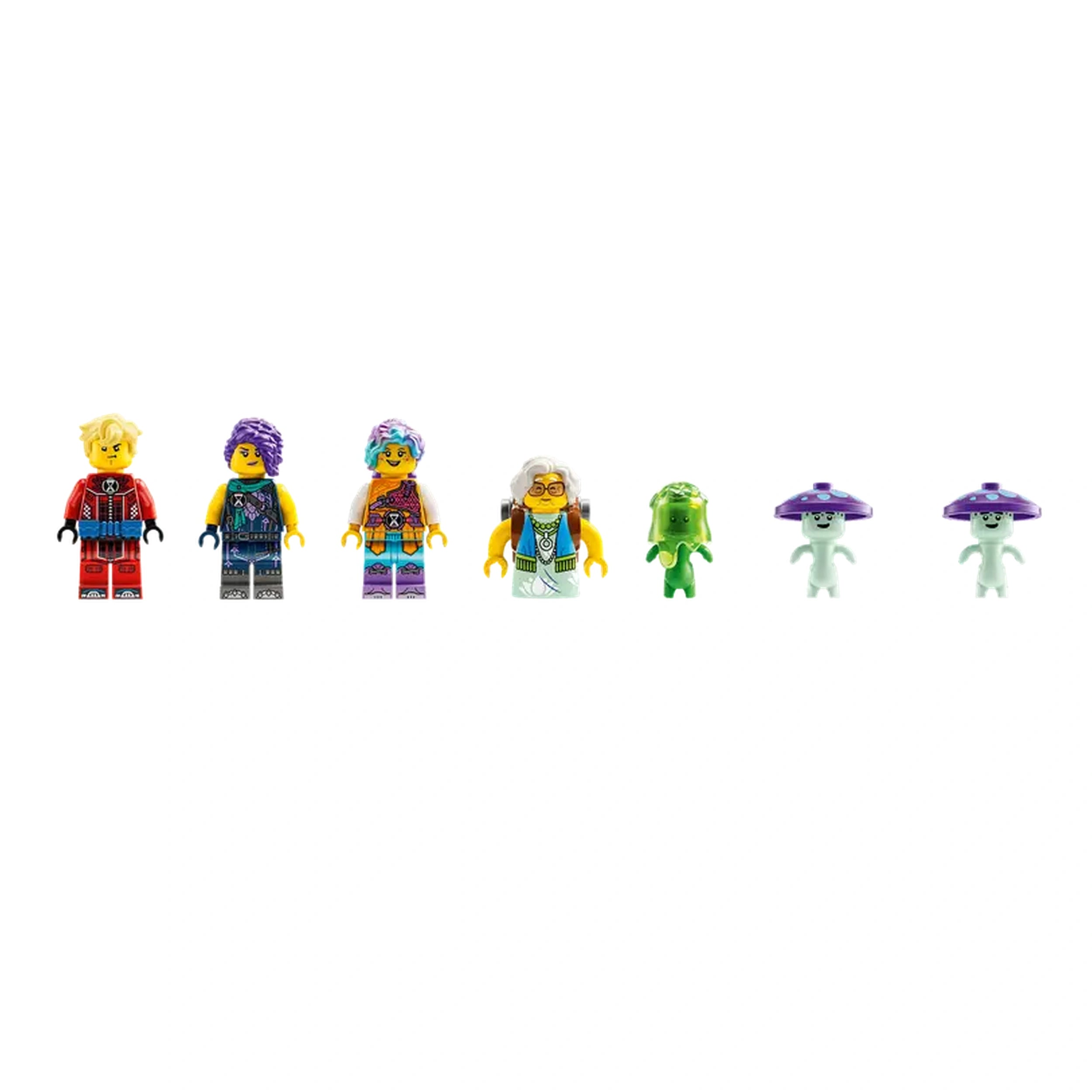 Colorful LEGO® minifigures from the DREAMZzz™ collection, including four vibrant characters and three whimsical dreamlings, lined up against a white background.
