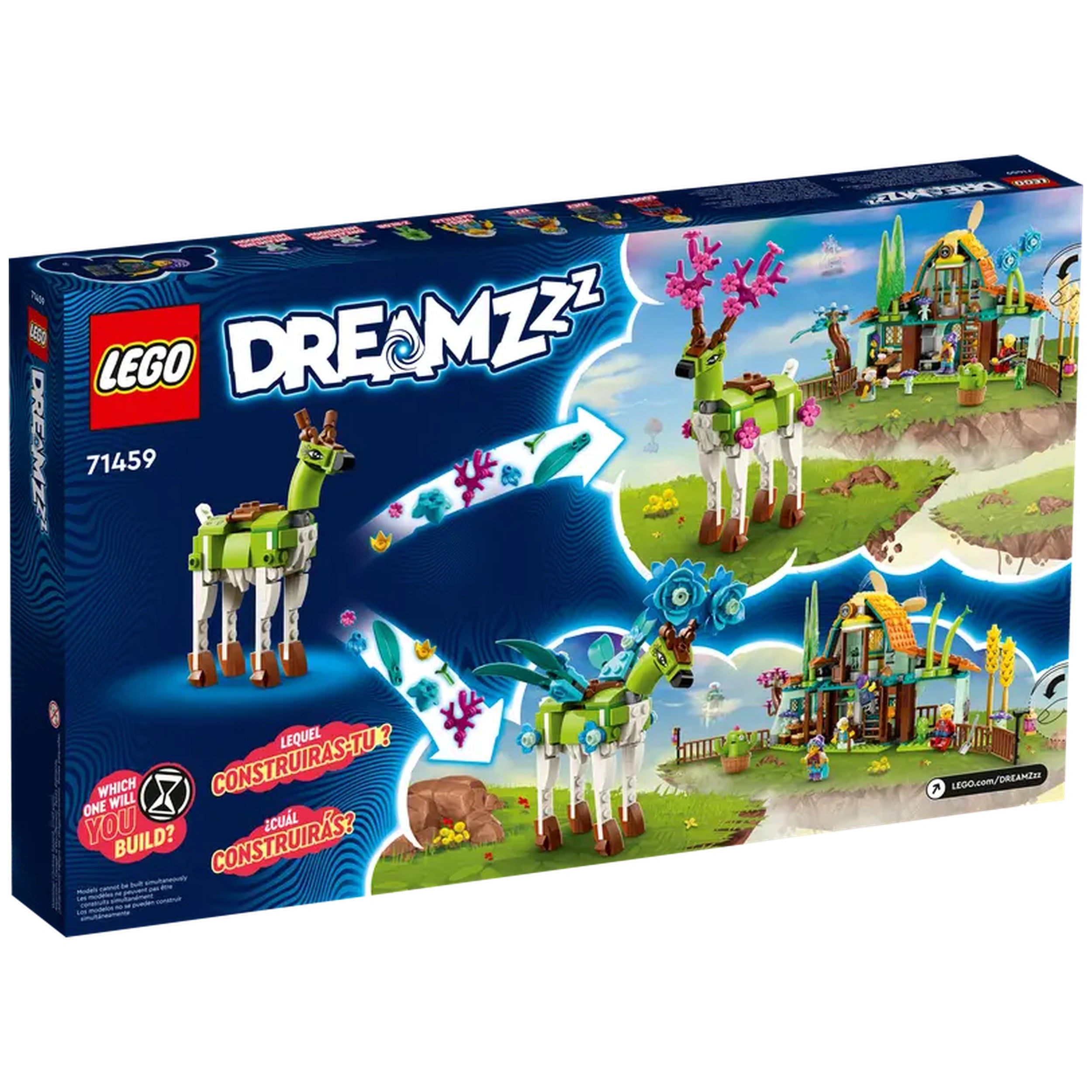 LEGO® DREAMZzz™ Stable of Dream Creatures (71459) box featuring colorful building elements, a whimsical barn, and characters set in a dreamy landscape.