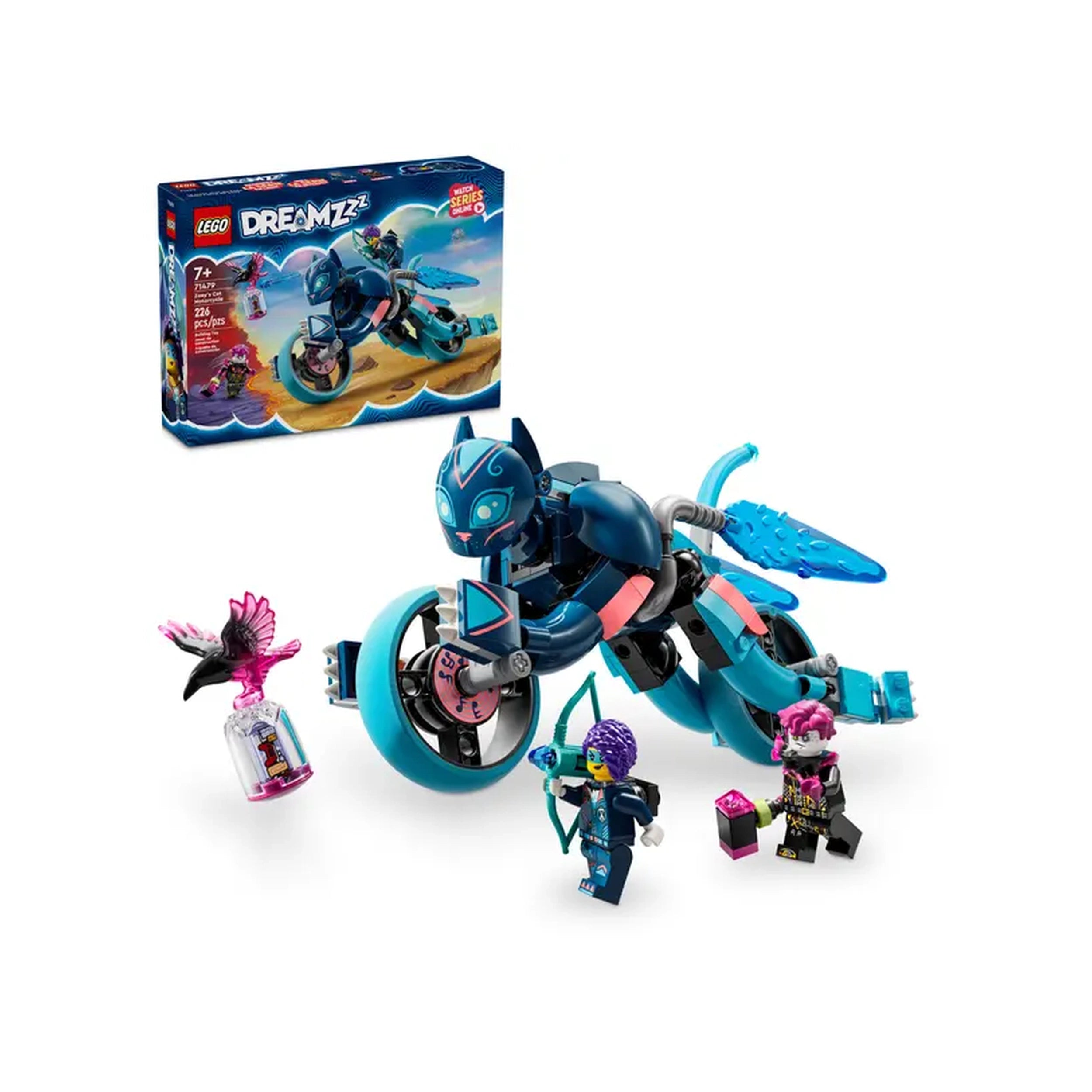 LEGO® DREAMZzz™ Zoey's Cat Motorcycle set with a blue cat figure on a toy motorcycle, two mini-figures, and a pink raven in a vibrant scene.