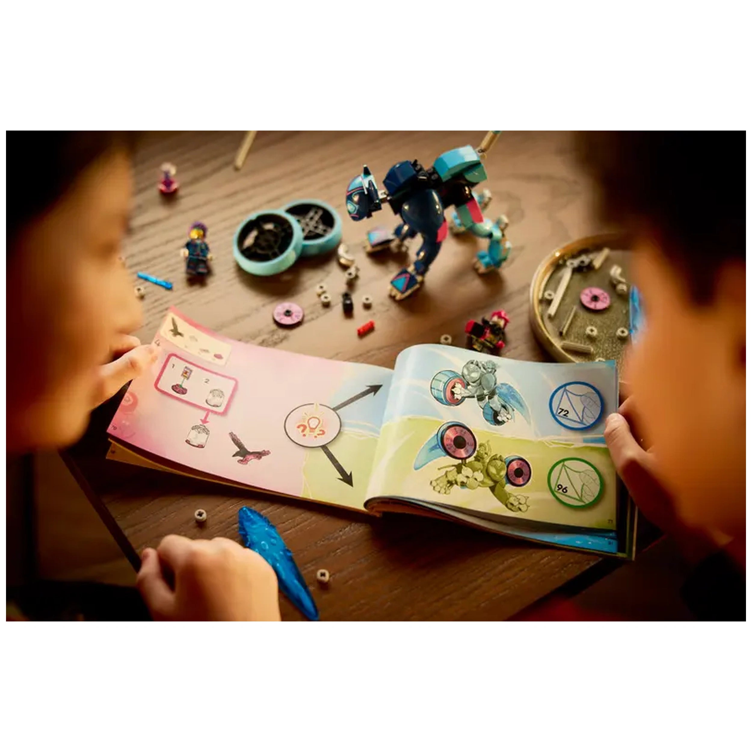 Two children examining a colorful instruction booklet featuring LEGO DREAMZzz construction options, with various toy pieces scattered on a wooden table.